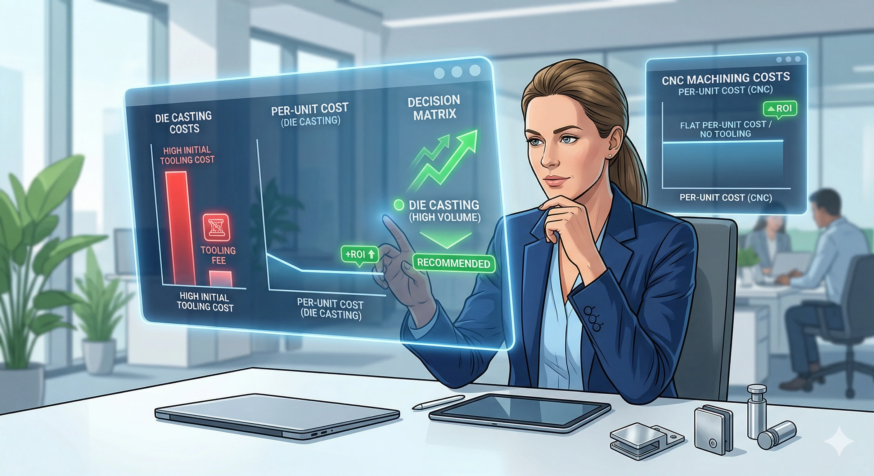 Woman analyzing cost comparison between die casting and CNC machining.
