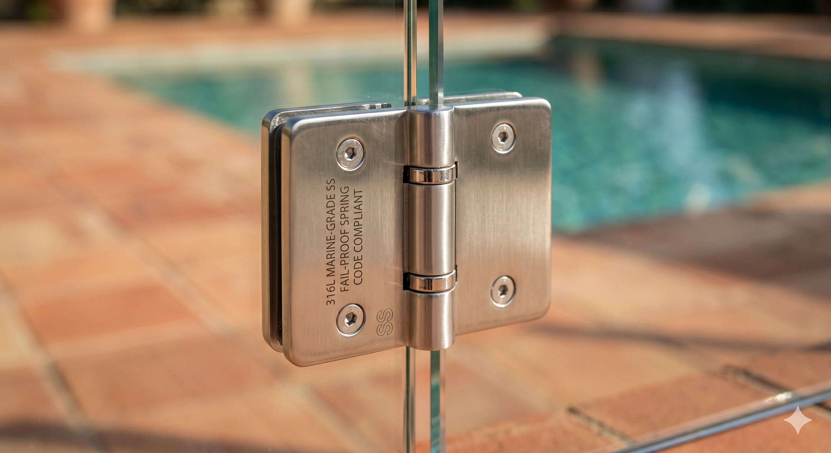 Close-up of marine-grade stainless steel spring hinge on glass pool fence
