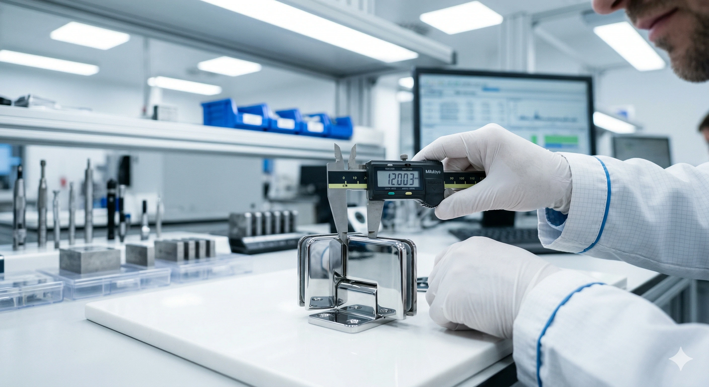 Technician measuring a polished metal bracket with a digital caliper