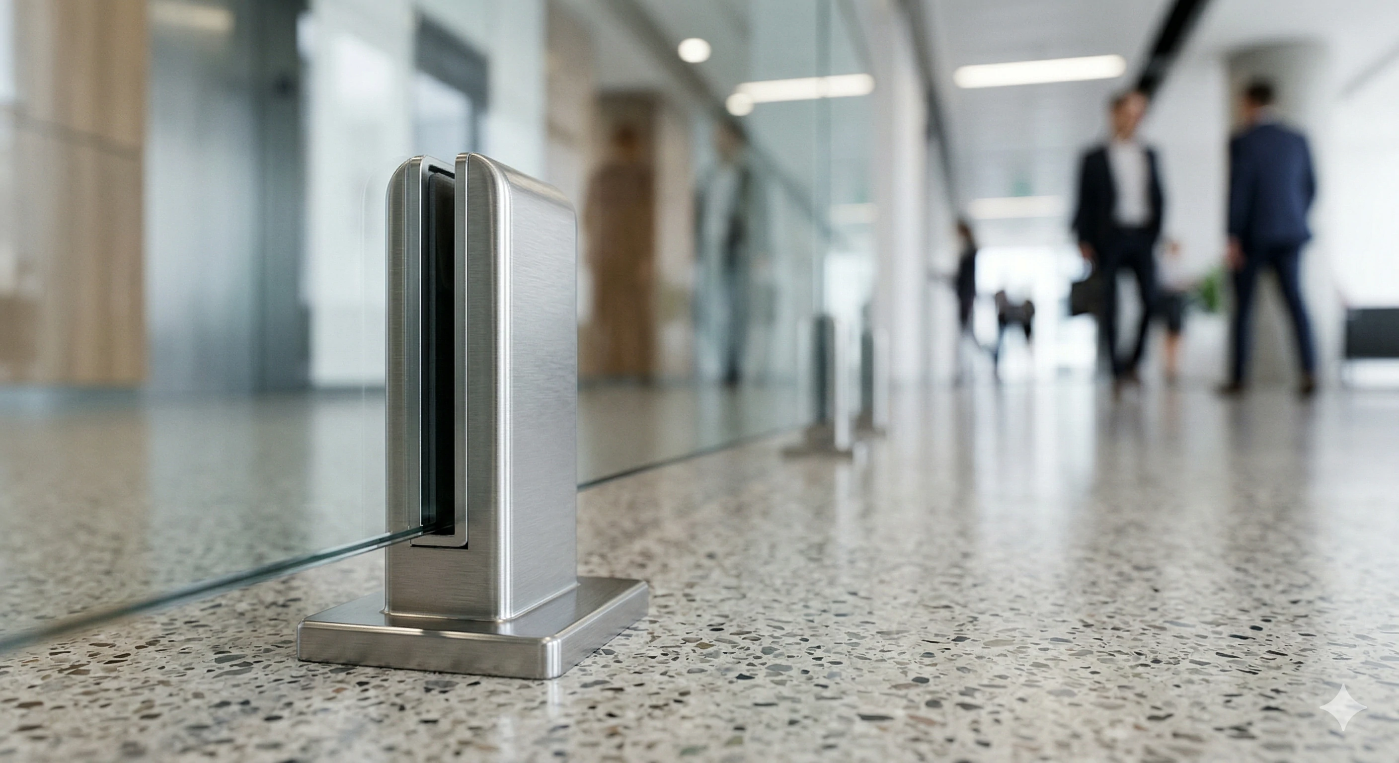 Close-up of brushed metal spigot holding glass partition panel.