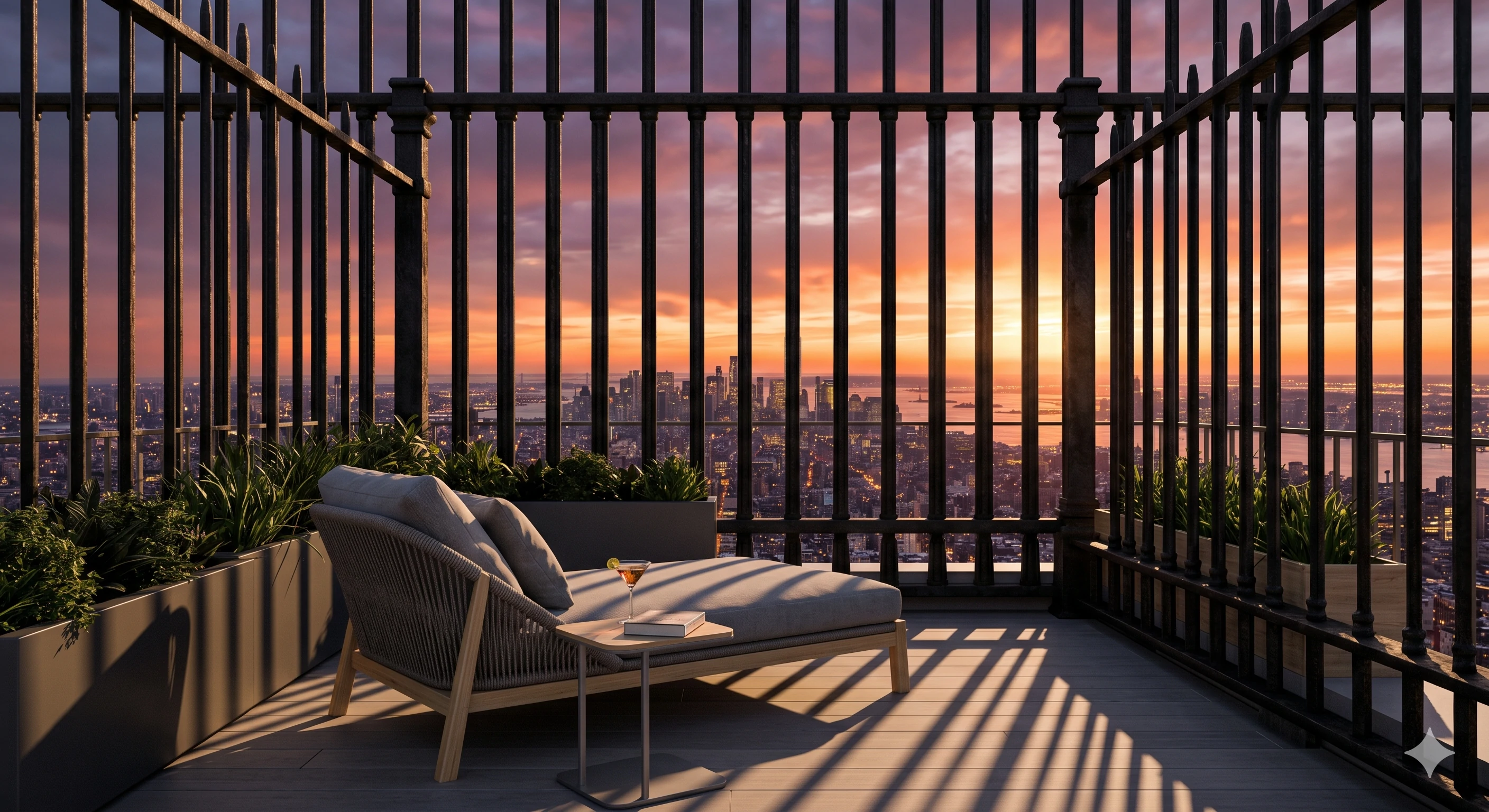 Rooftop balcony lounge chair behind tall metal railings against sunset city view