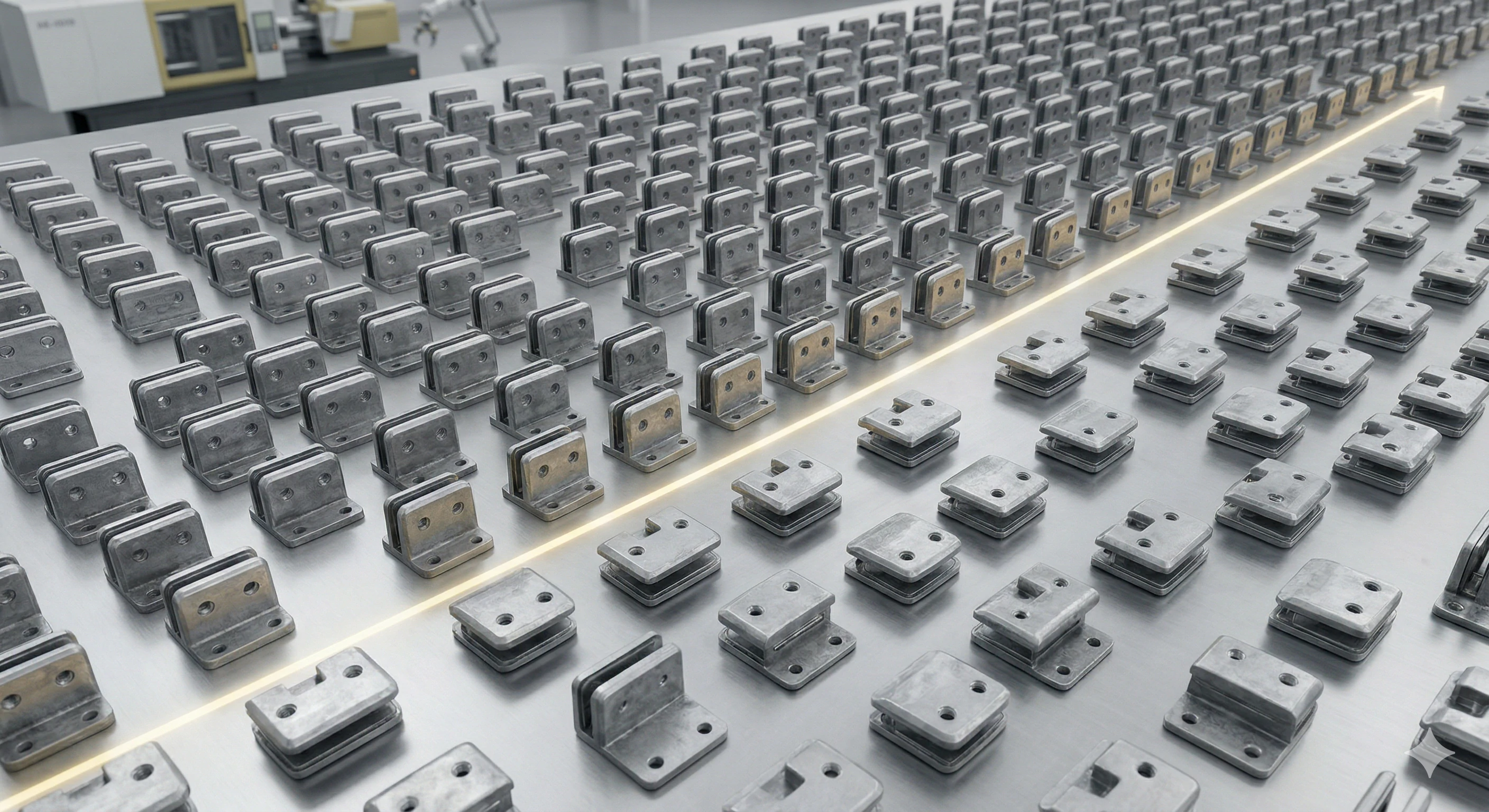 Mass production of identical metal brackets aligned on factory conveyor belt.