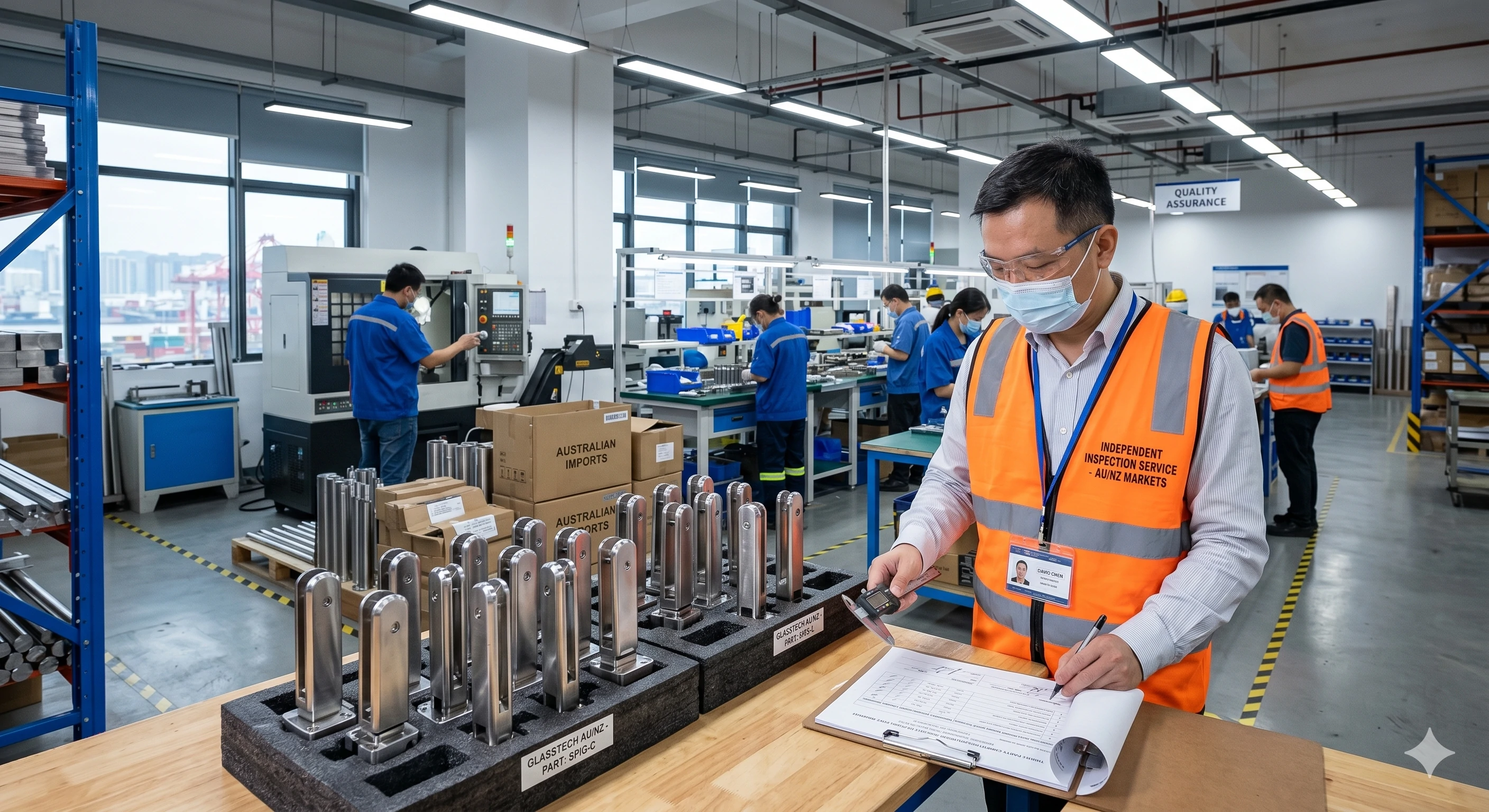 Inspector in safety vest checking metal spigot parts with calipers in factory
