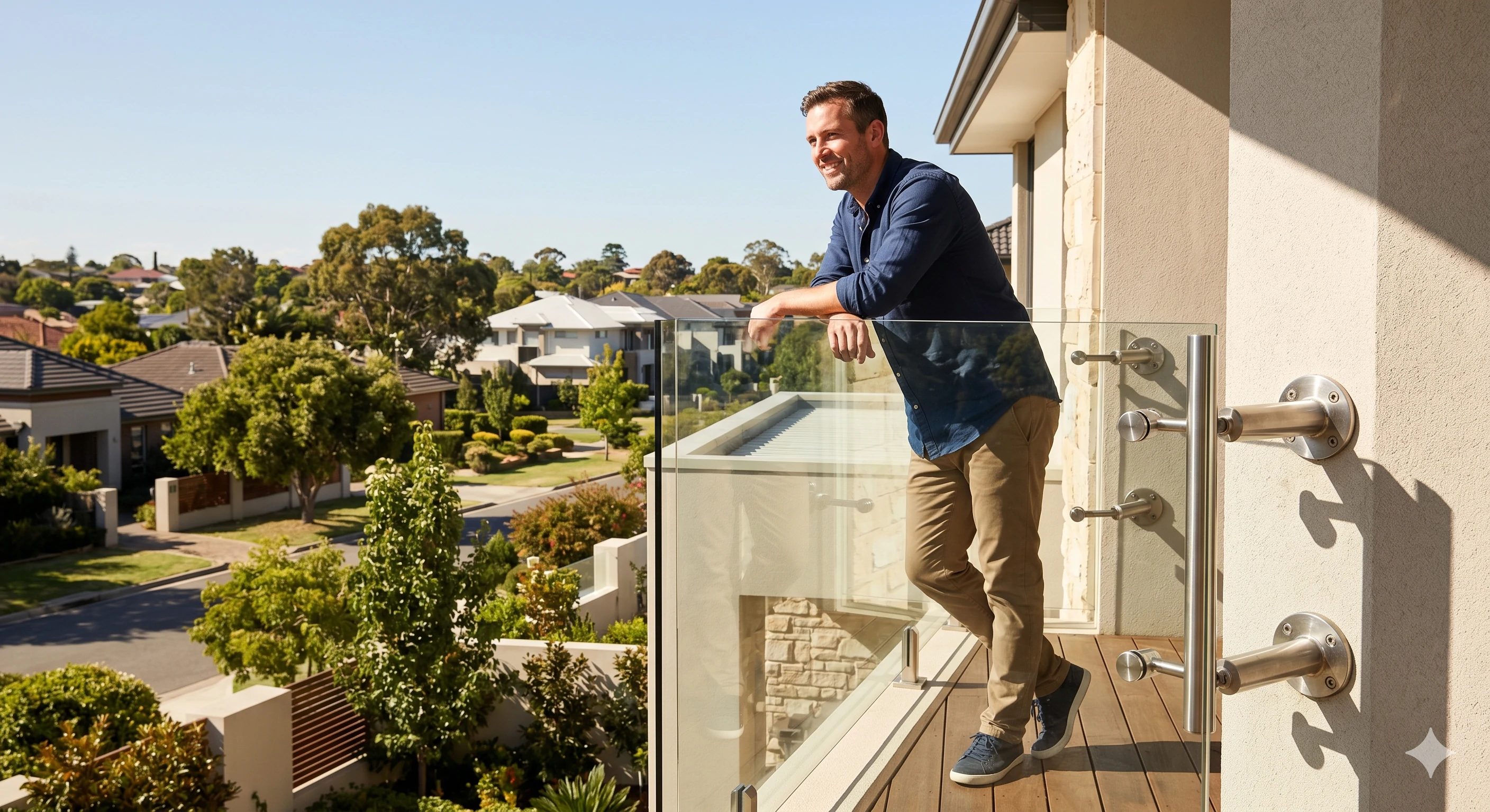 Man standing on modern glass balcony overlooking suburban neighborhood