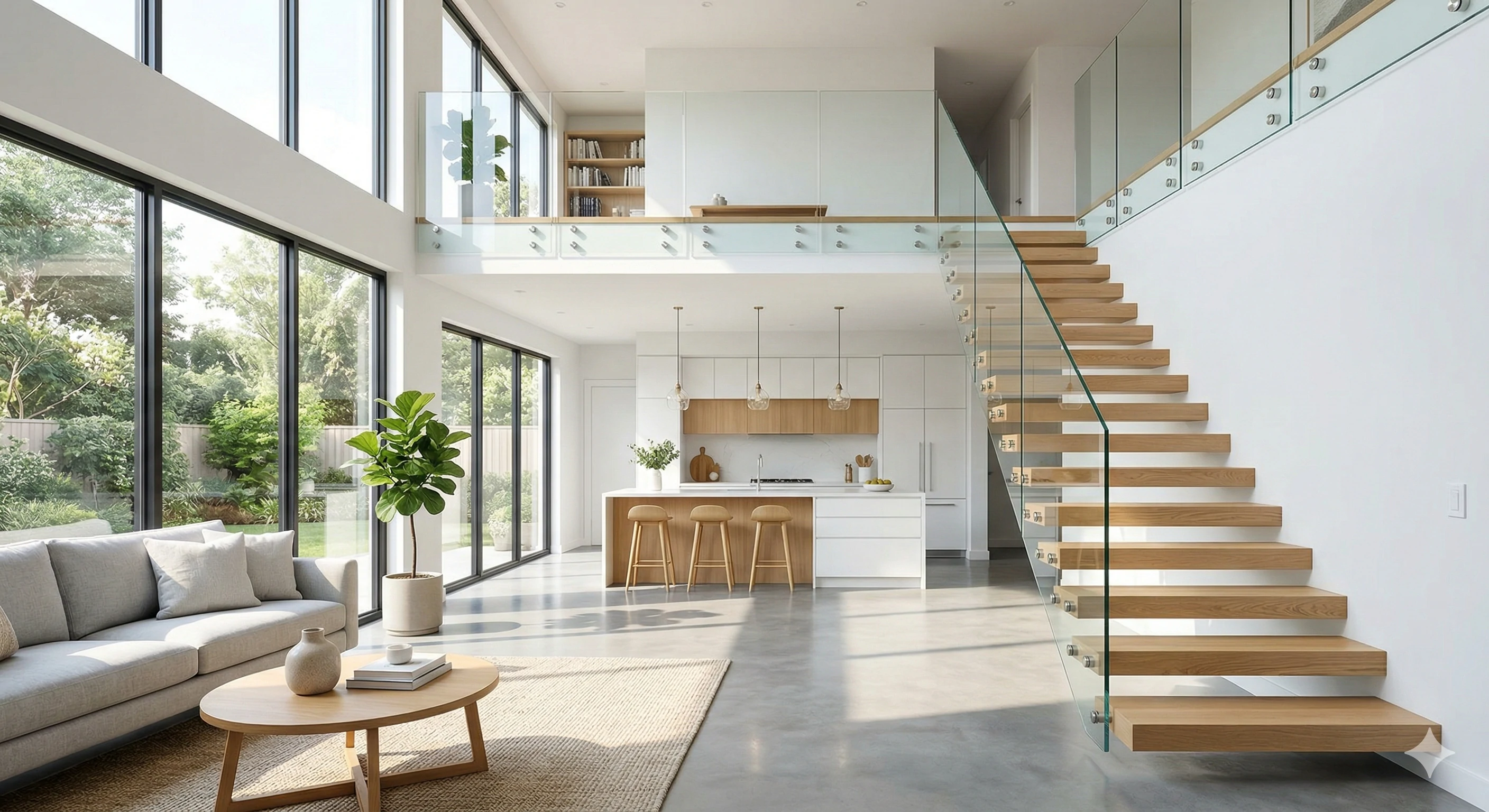 Modern living room with floating wooden stairs and glass railing.