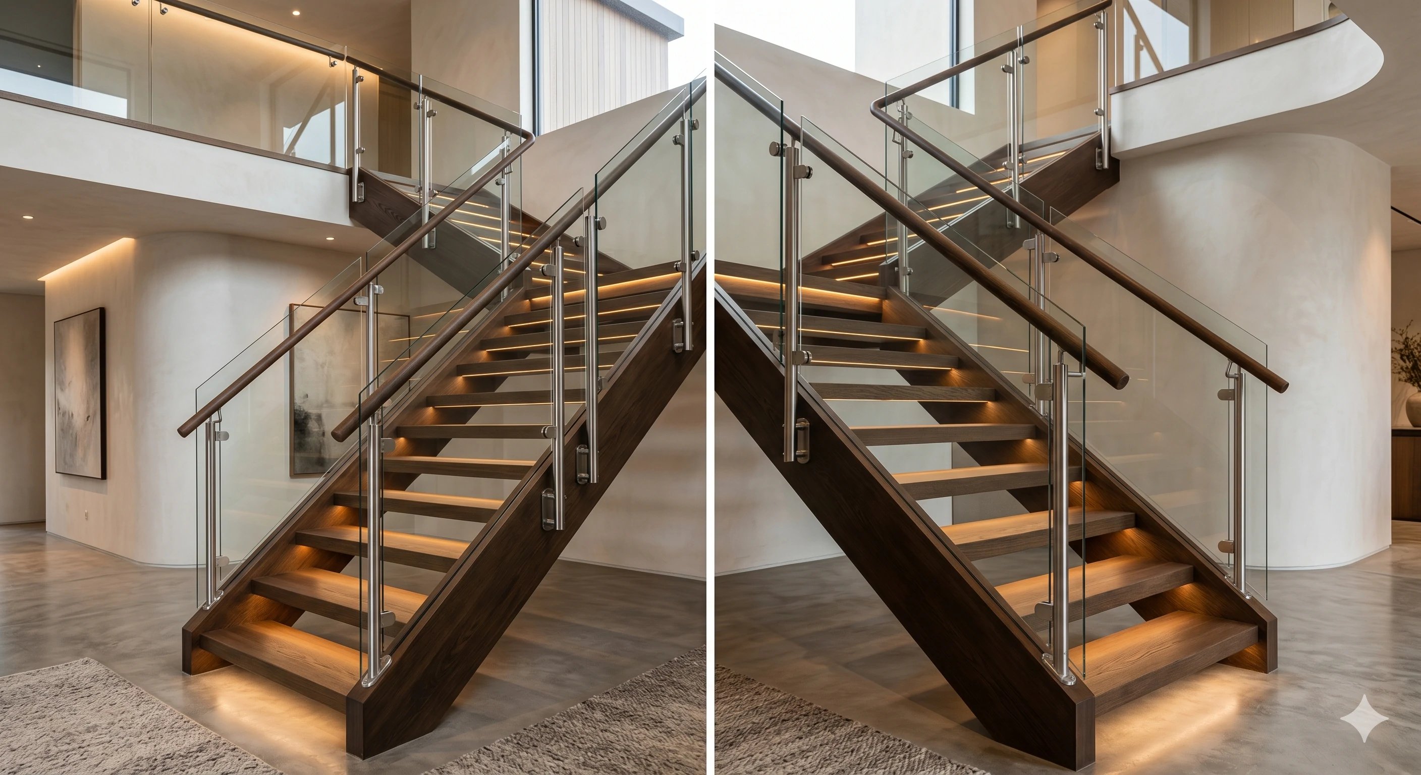 Modern indoor wooden staircase with clear glass railing and lighting