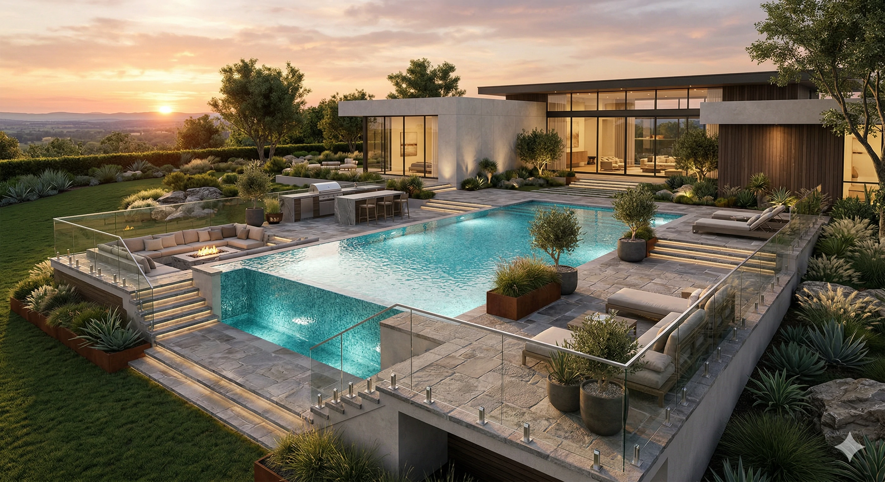 Modern luxury backyard with infinity pool, fire pit, and frameless glass fencing.