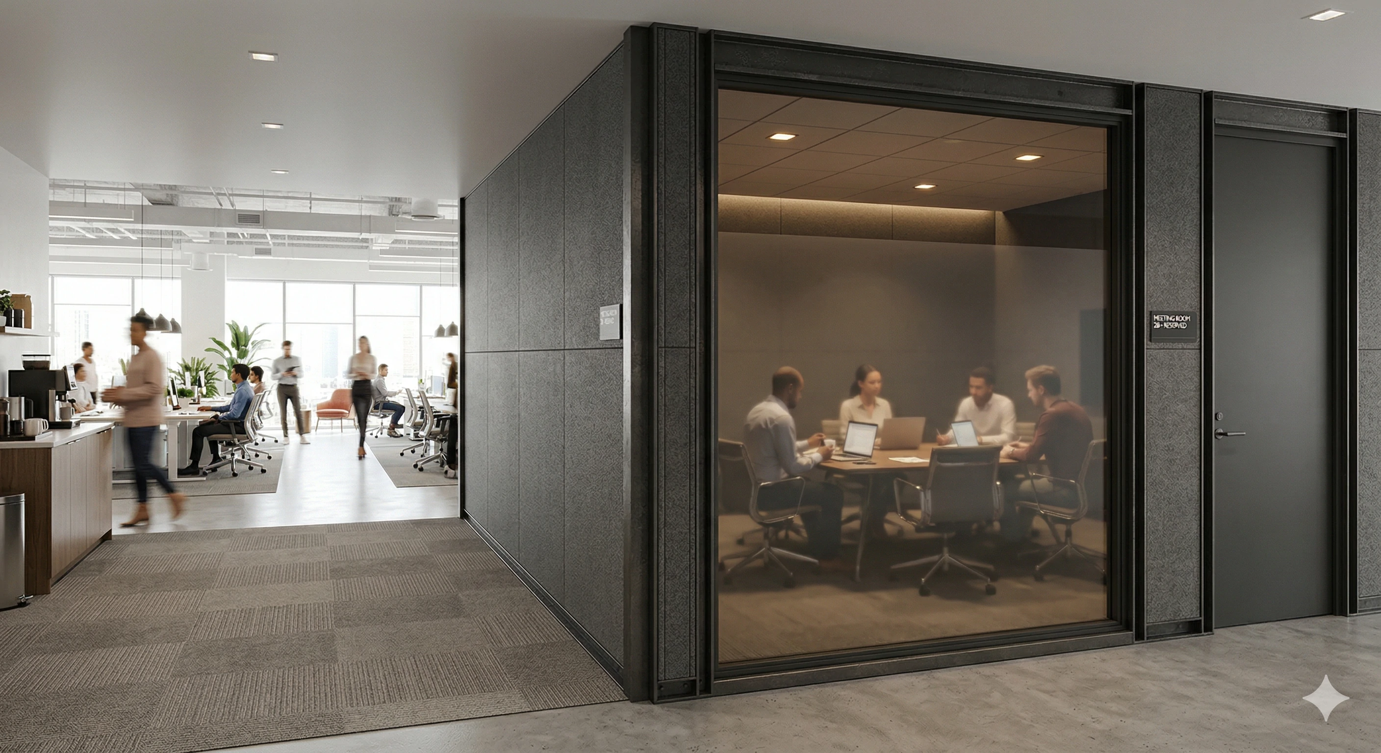 Team inside modern dark framed soundproof office meeting pod