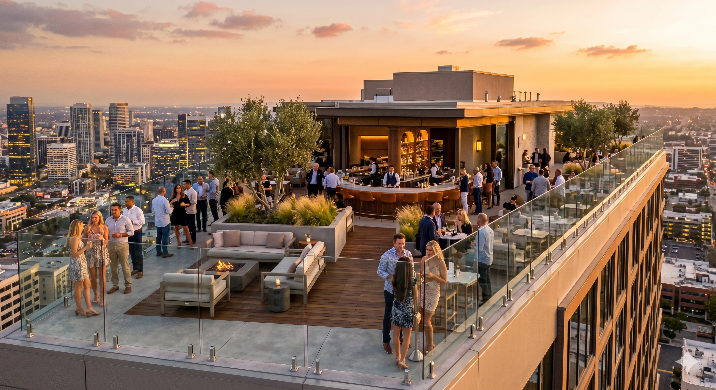 Crowded rooftop bar at sunset featuring modern glass railings and city skyline views