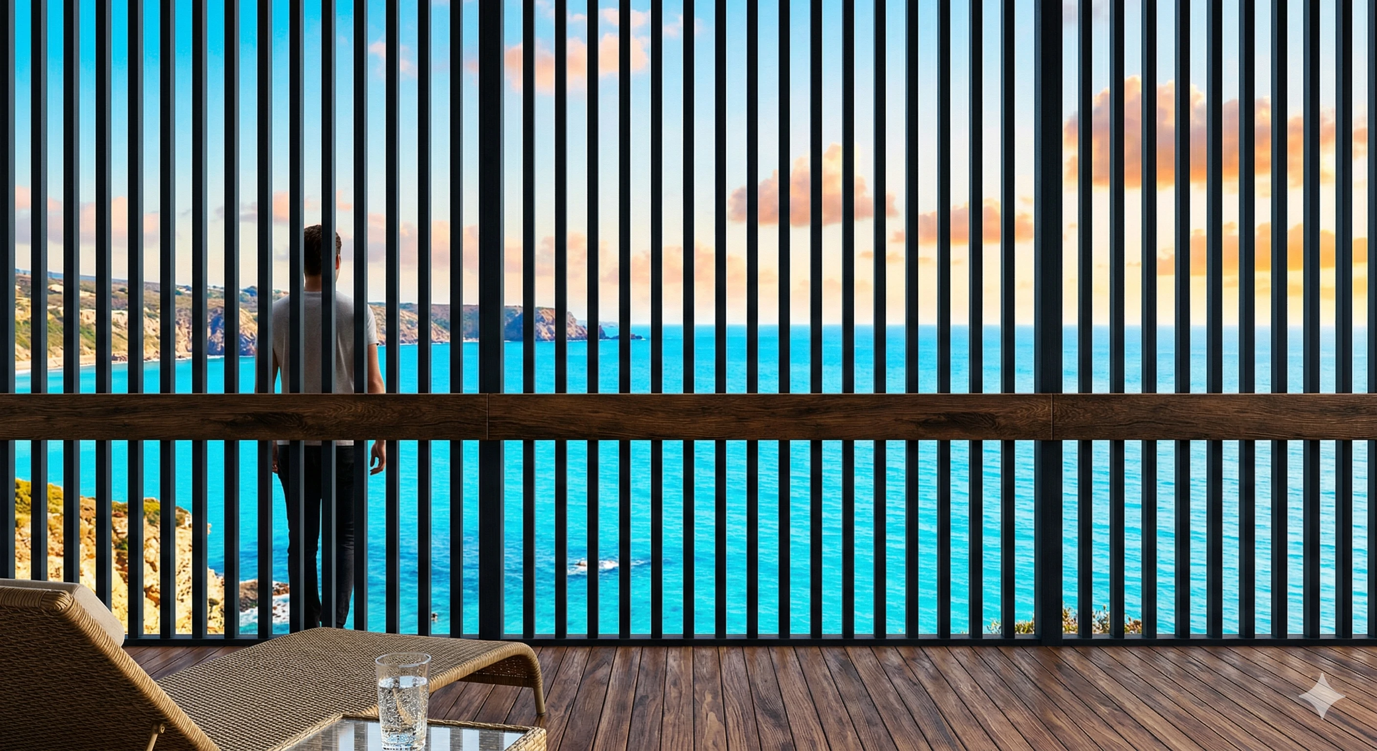 Modern balcony with vertical privacy slats overlooking bright blue sea