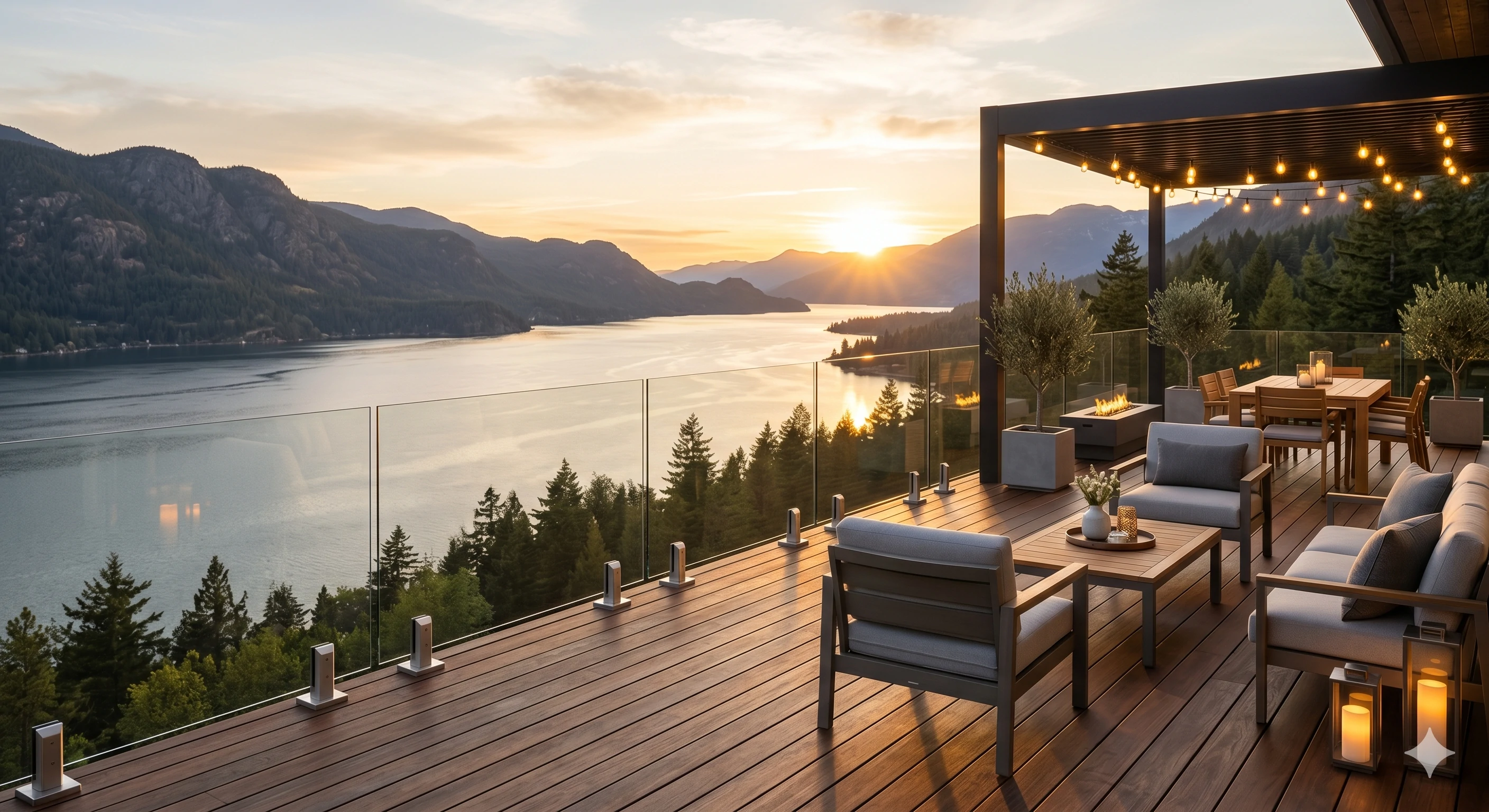 Modern deck with glass railing overlooking a lake at sunset