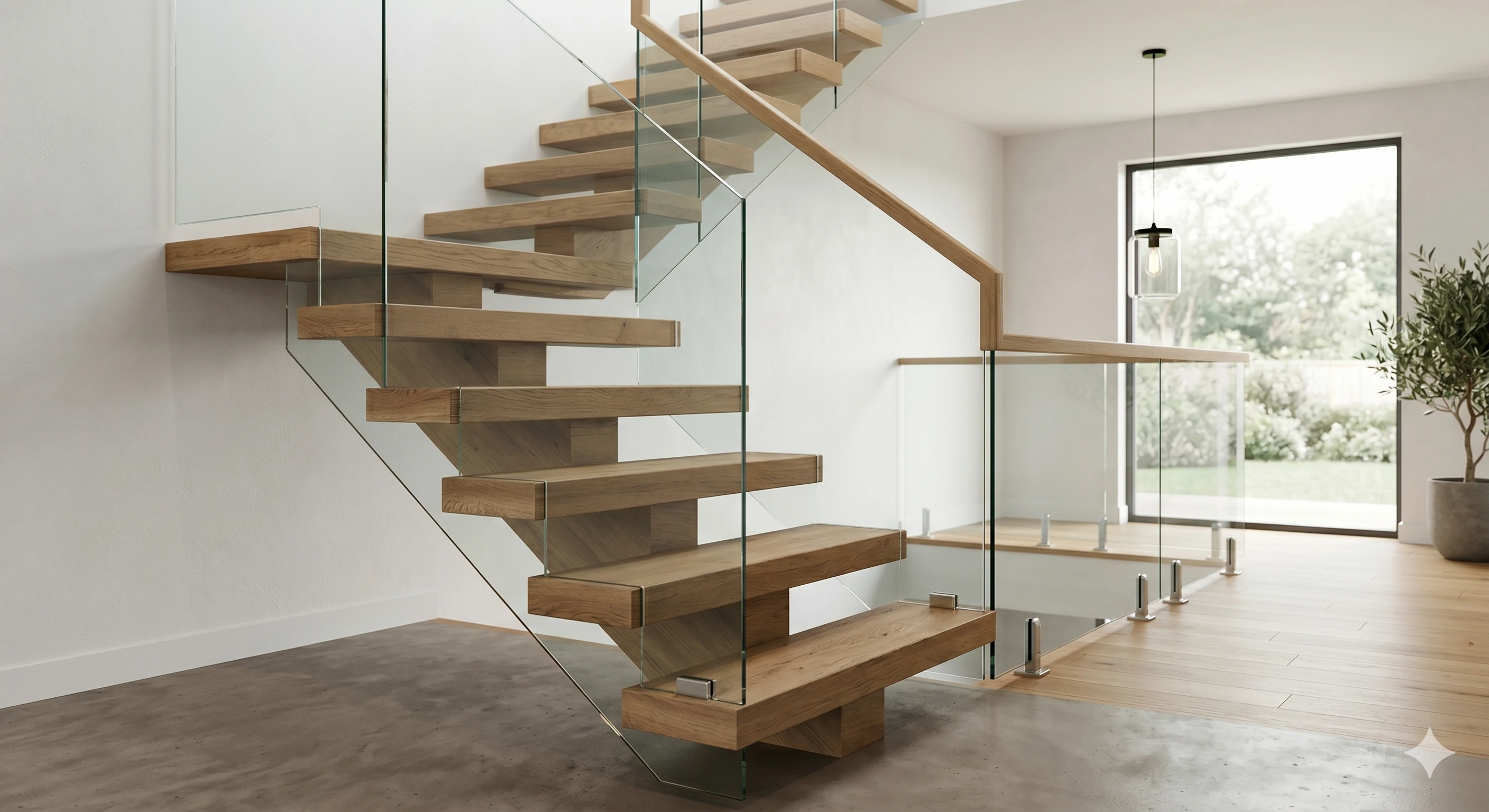 Minimalist living room featuring modern floating glass and wood stairs