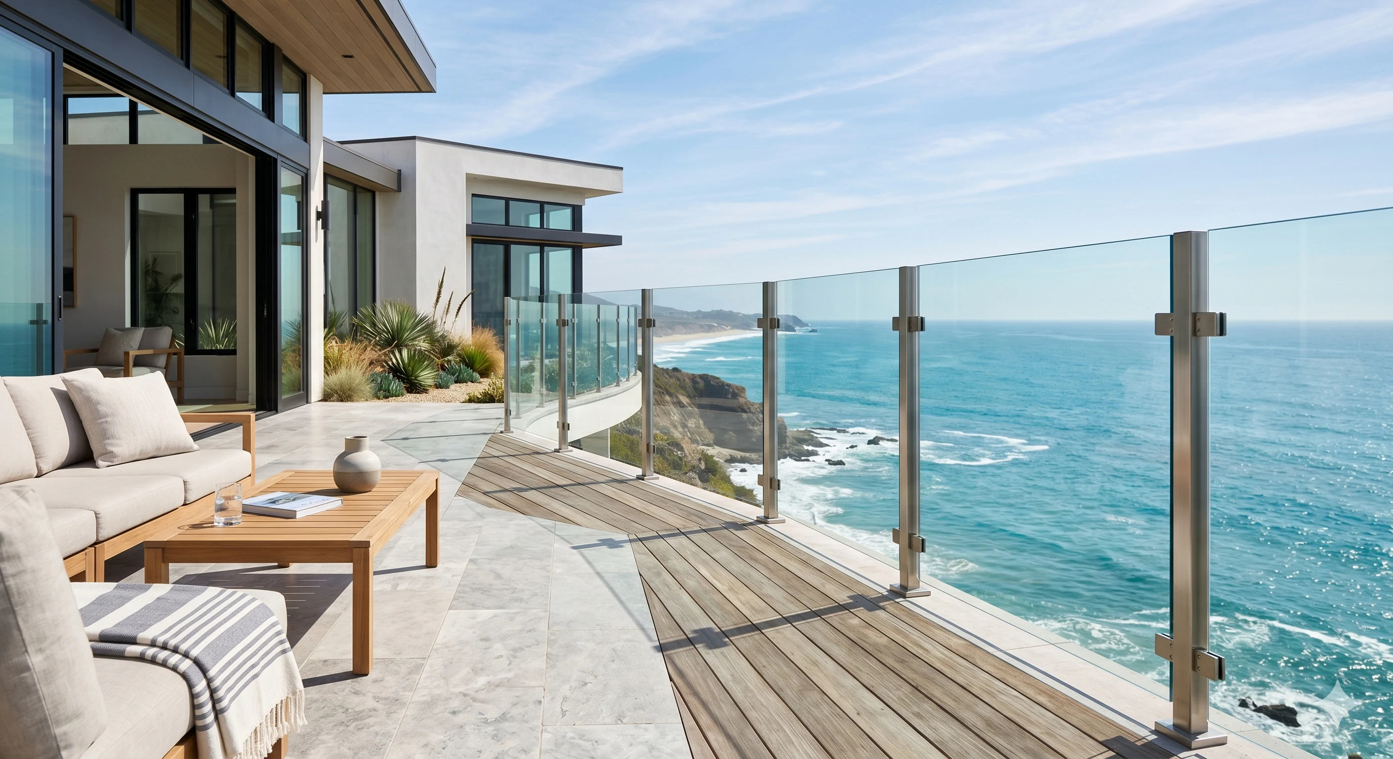 Modern glass balcony railing with ocean view for coastal homes