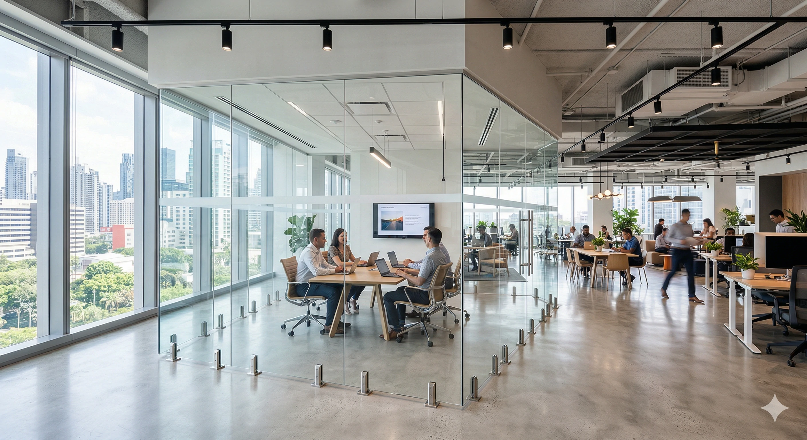 Modern glass office conference room with team meeting inside