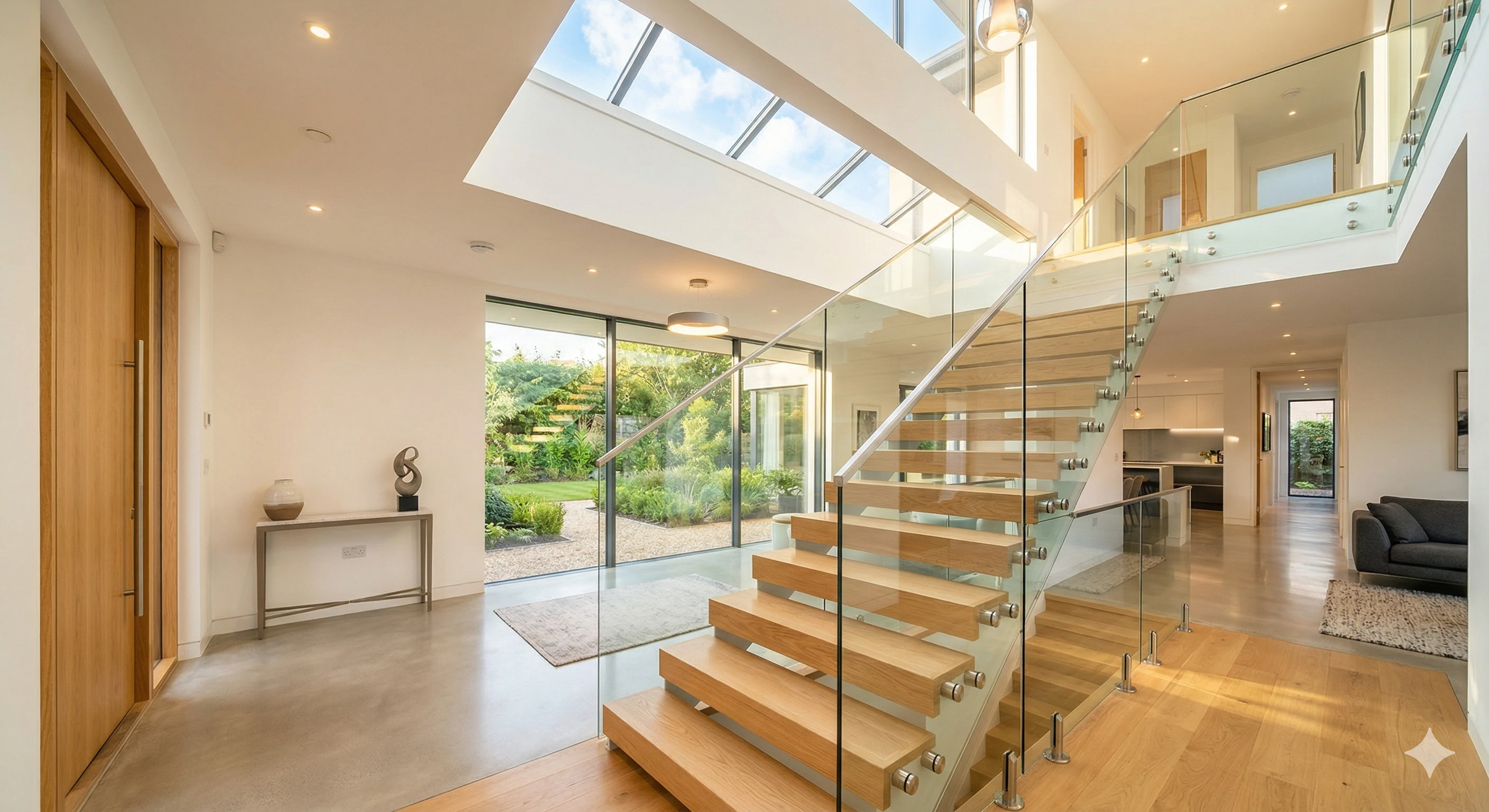 Modern hallway with glass and wood staircase under skylight