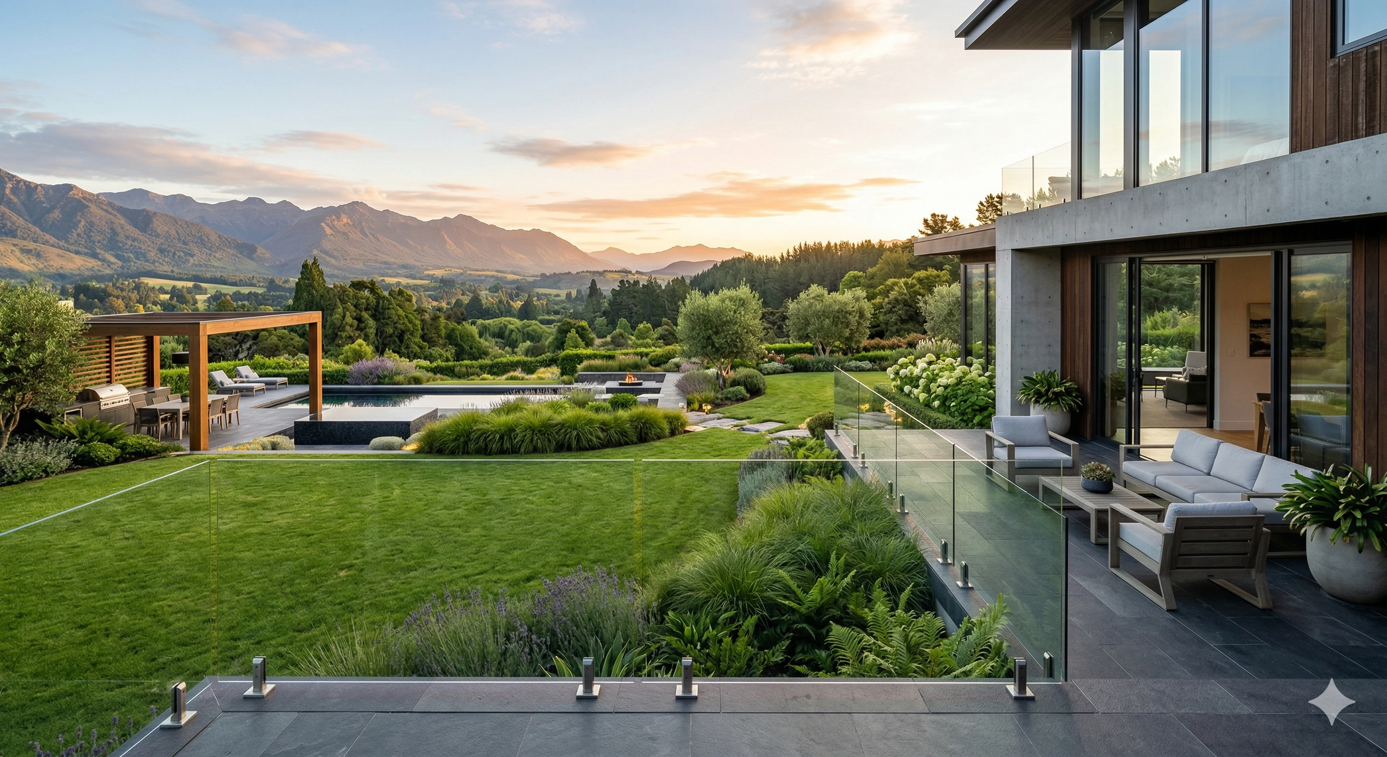 Modern home with lawn, pool, and mountain view at sunset