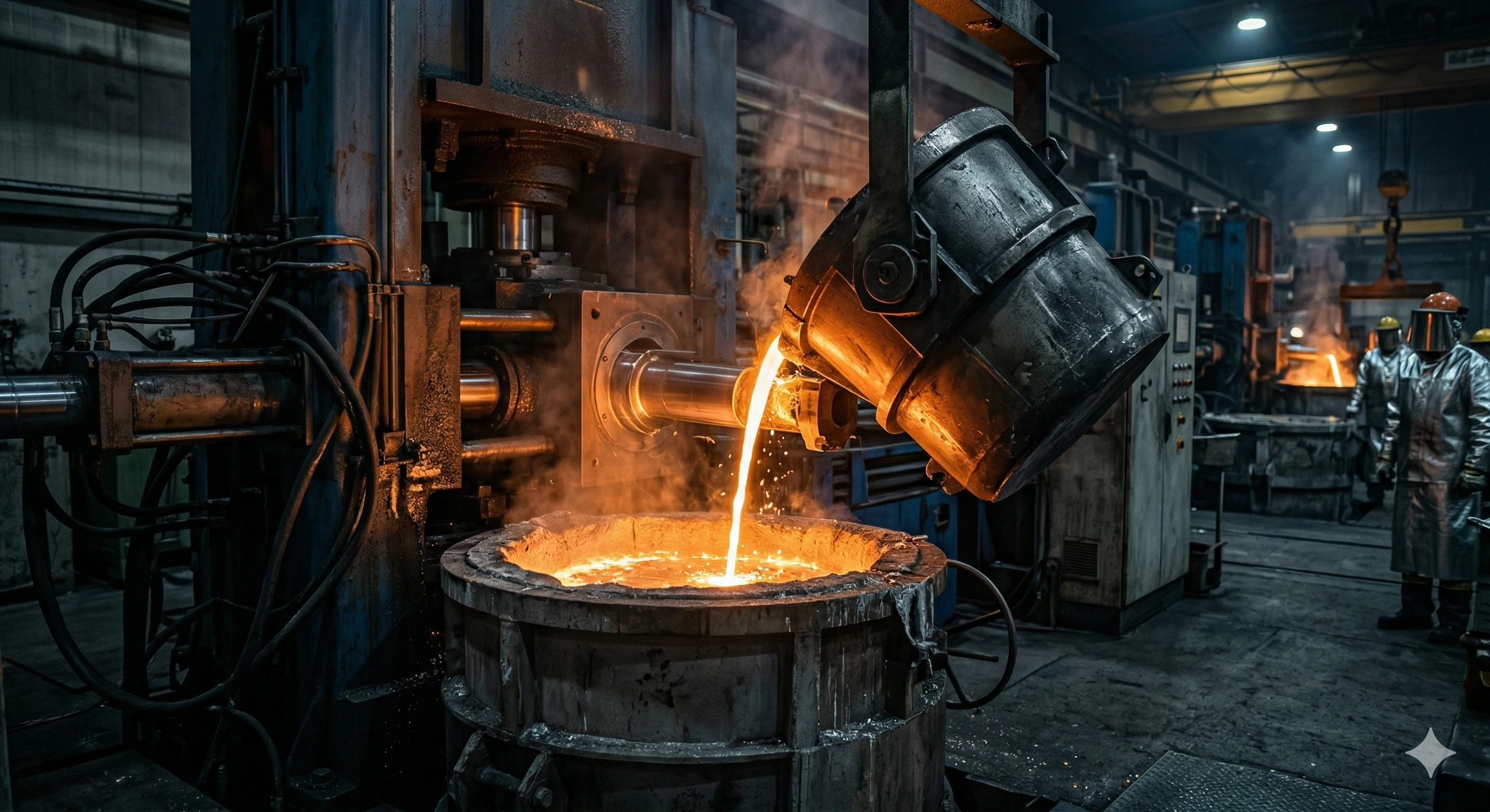 Du métal en fusion incandescent coulé à partir d'une lourde poche de coulée dans une fonderie.