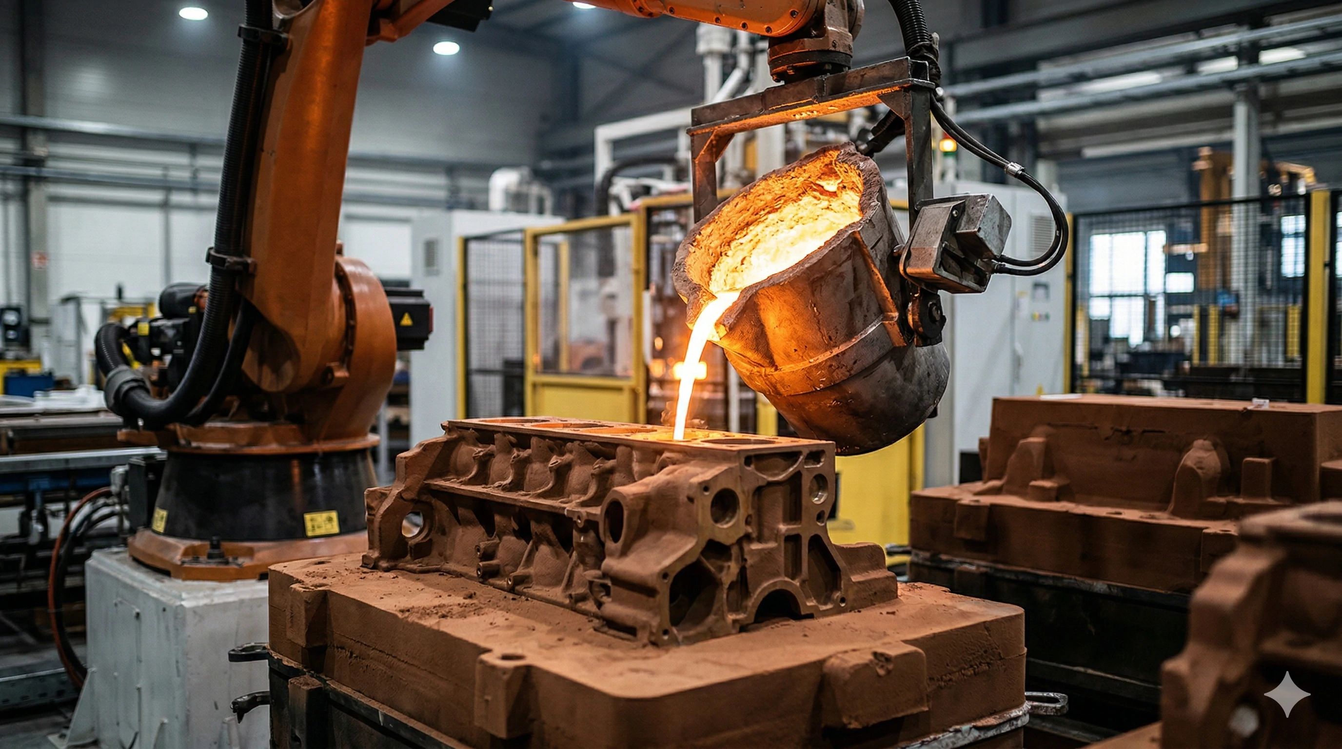 Industrial robot pouring molten metal into engine mold.