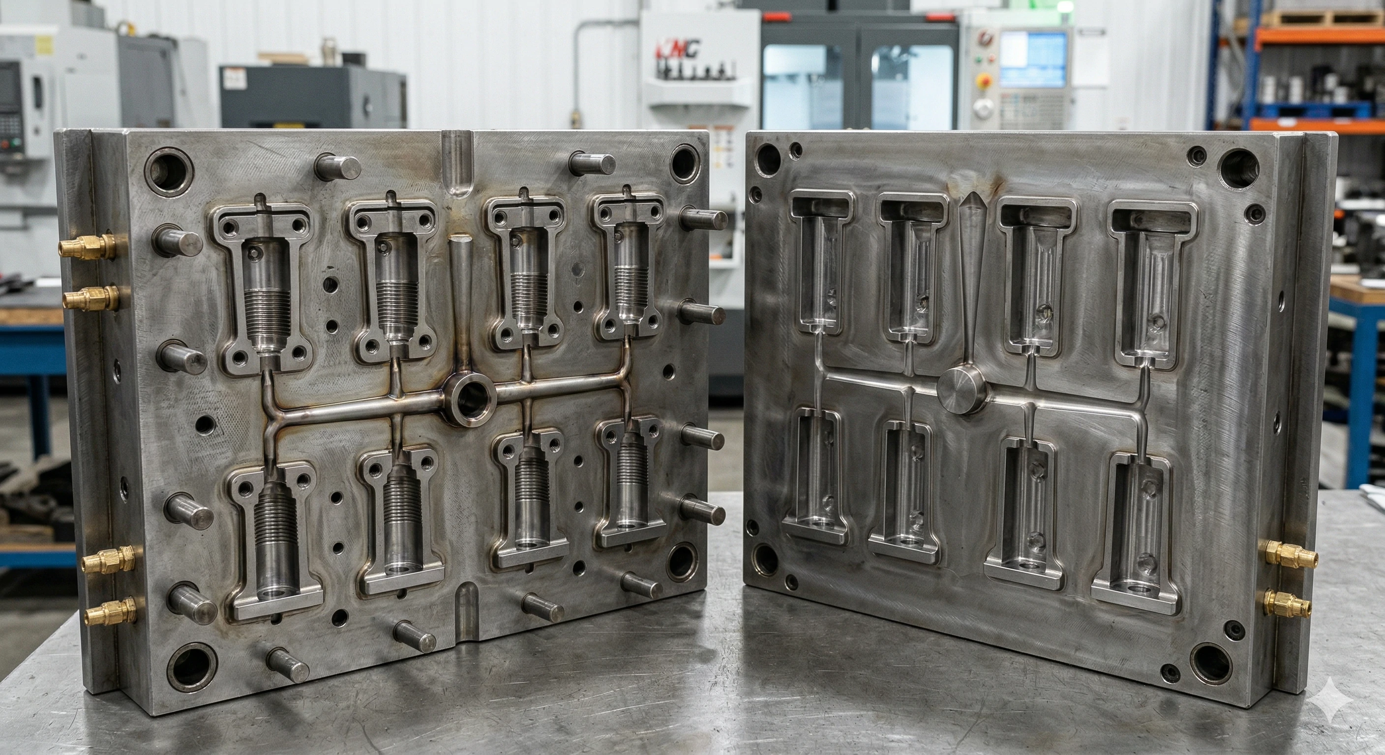 Open multi-cavity metal injection or die casting mold halves