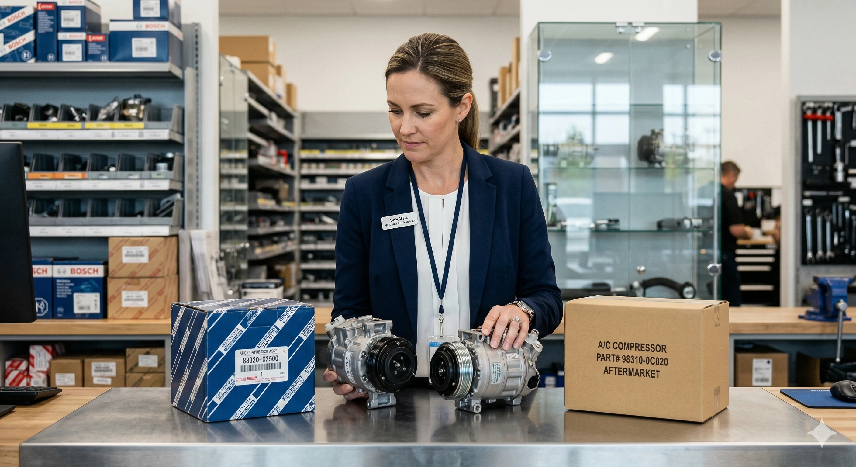 Woman comparing OEM Toyota and aftermarket AC compressors in shop
