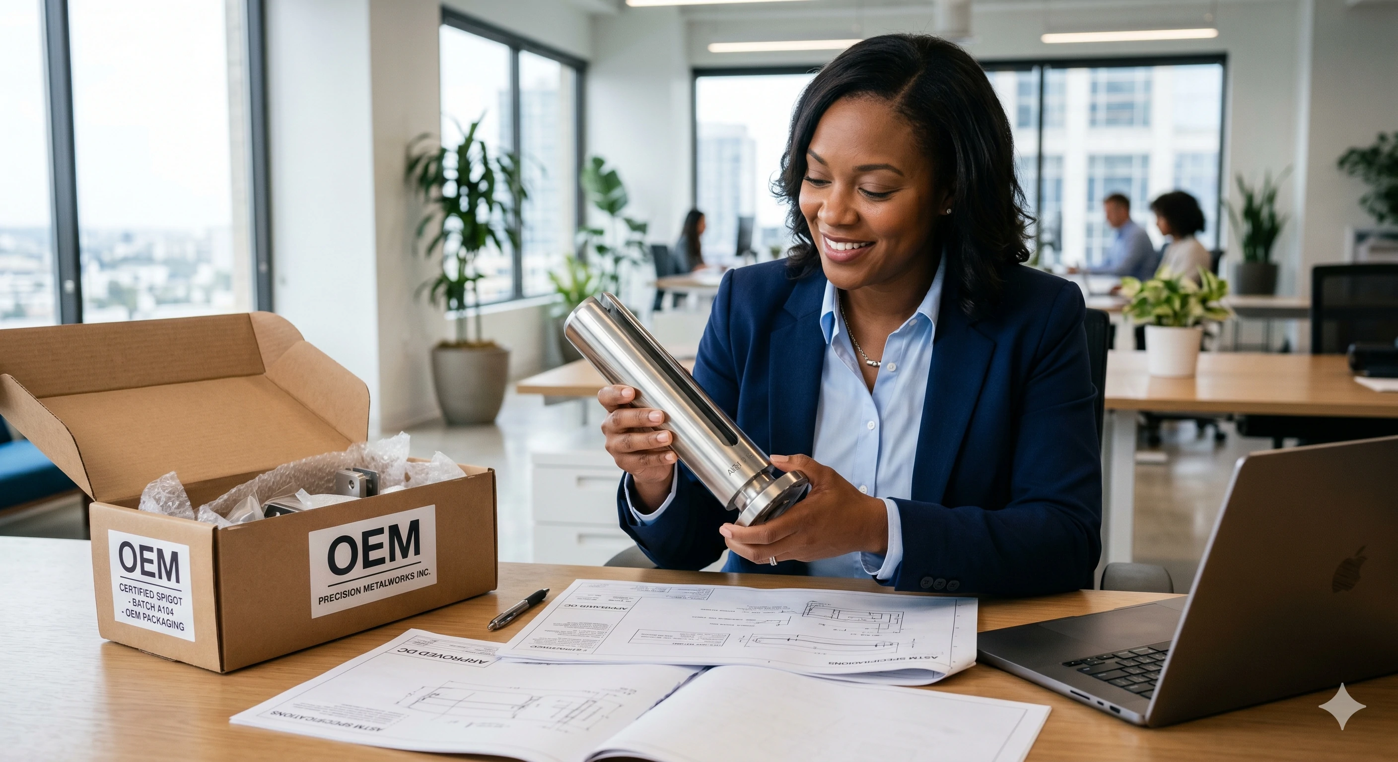 Woman unboxing OEM stainless steel glass railing spigot clamp in office