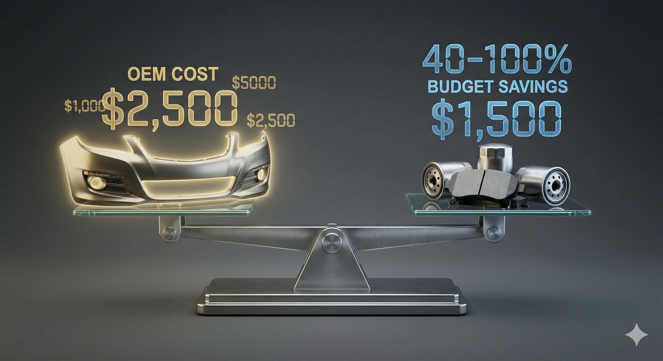 Scale balancing expensive OEM bumper against affordable aftermarket car parts