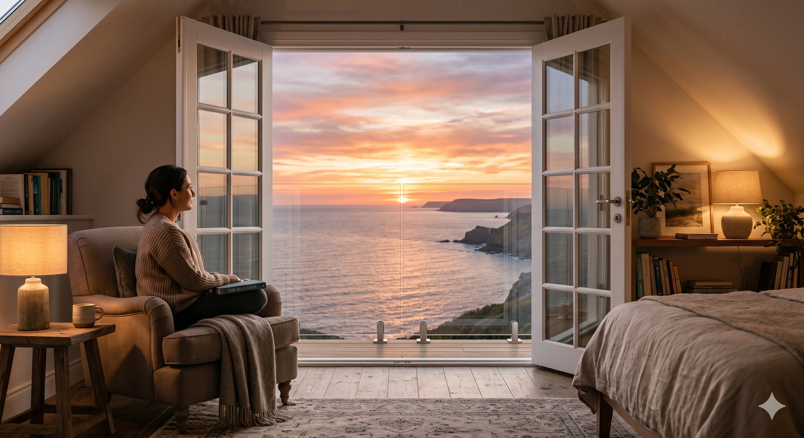 Woman relaxing by open balcony doors watching ocean sunset