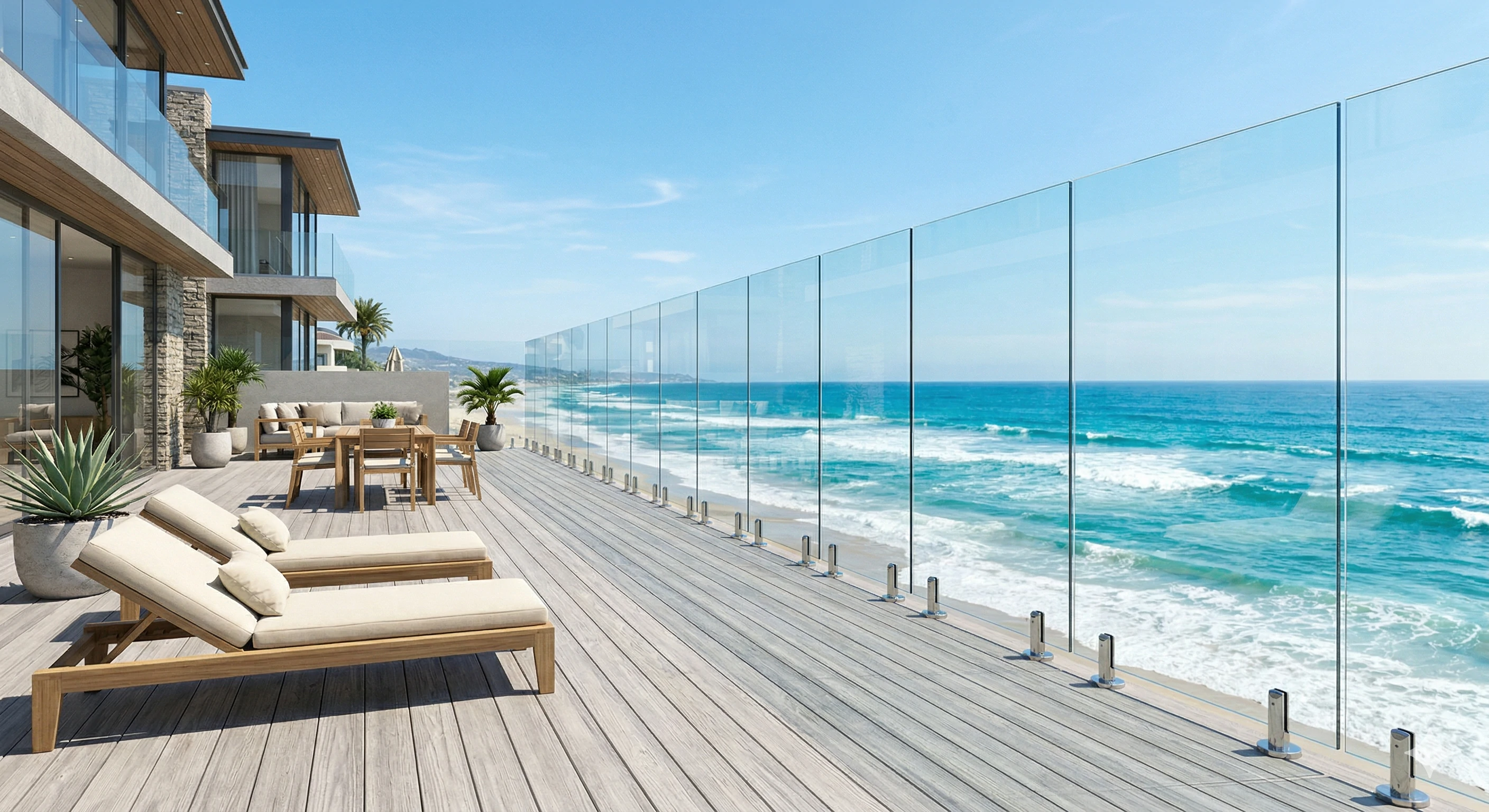 Modern frameless glass balcony railing overlooking the ocean.