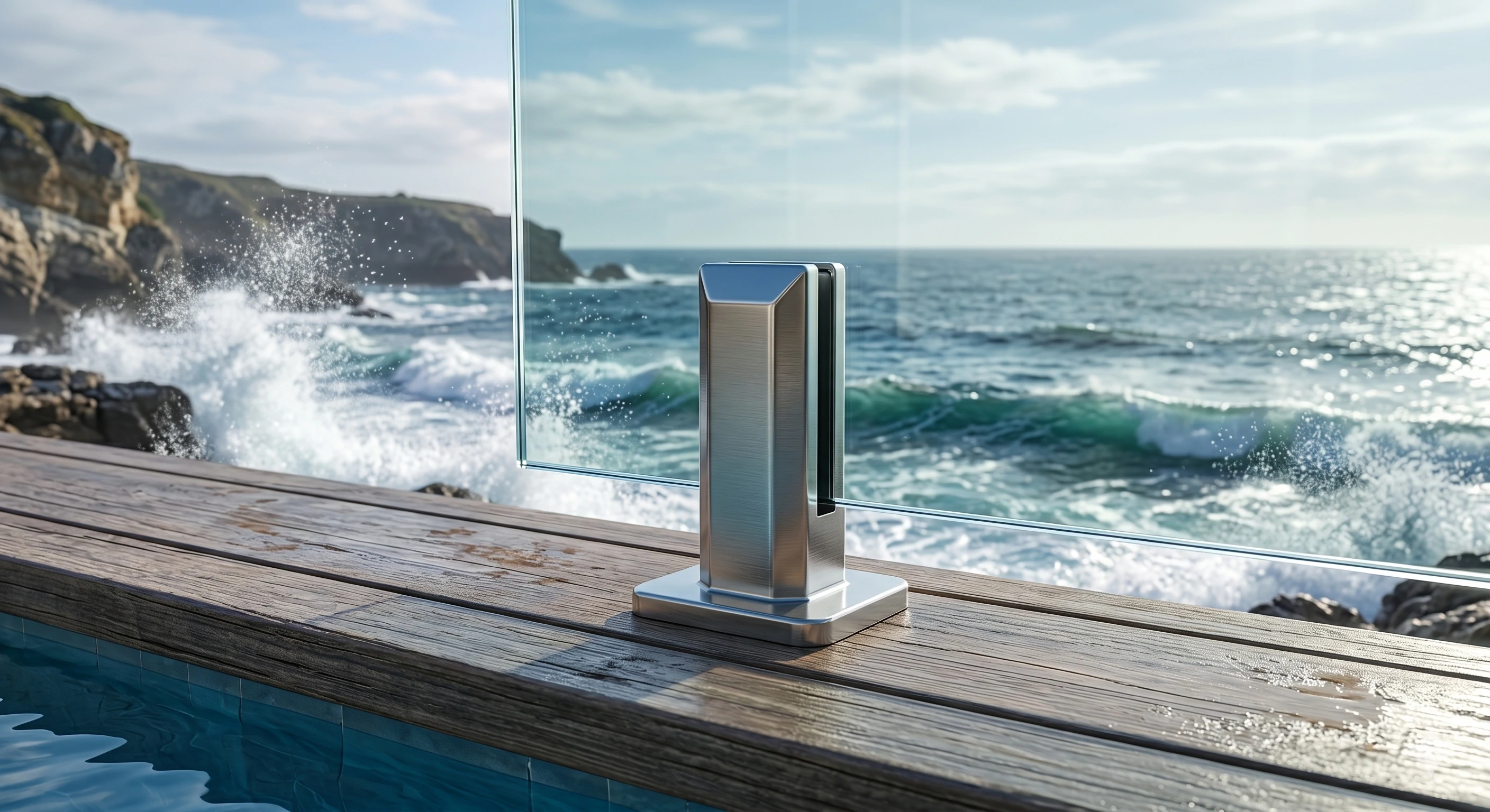 Heavy-duty stainless steel glass clamp mounted on oceanside wooden decking.