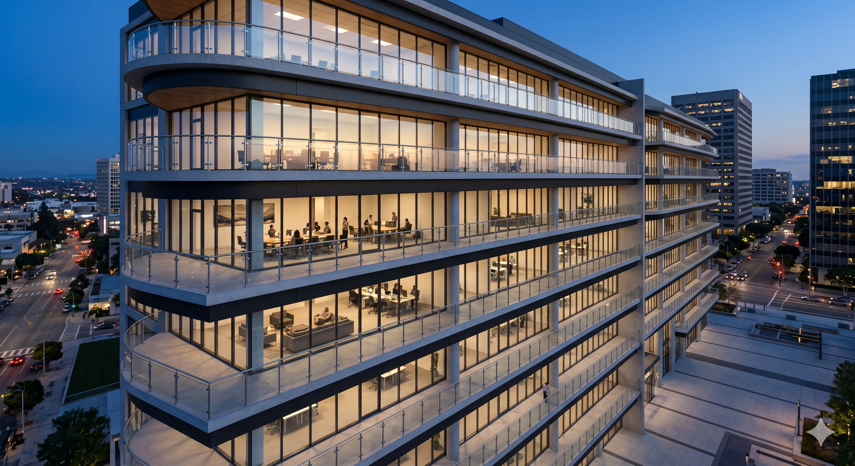 Modern multi-story office building exterior featuring curved glass balcony railings at twilight.
