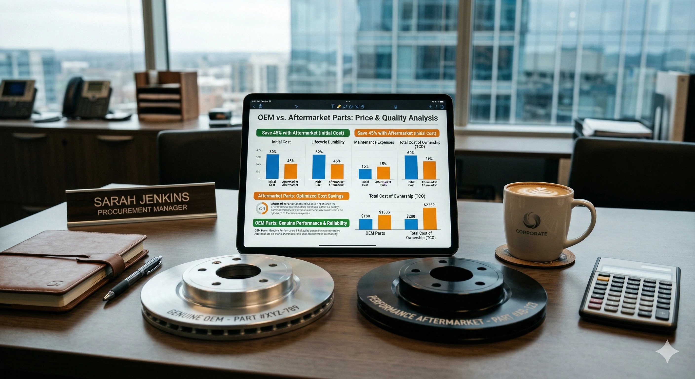 Tablet on office desk displaying OEM versus aftermarket parts cost analysis