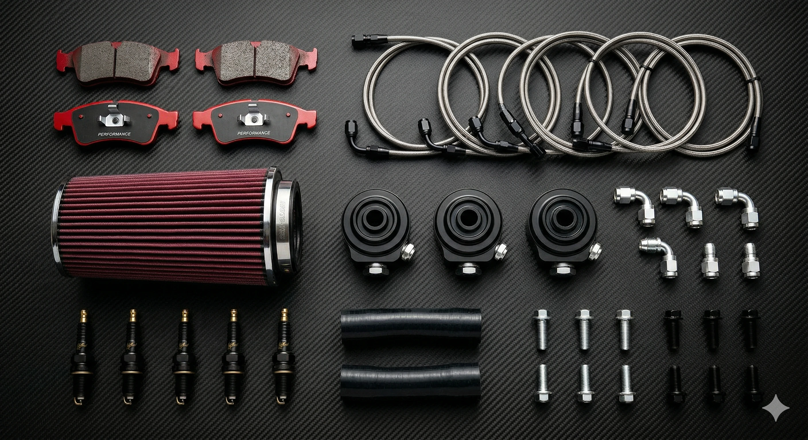 Collection of performance aftermarket car parts including air filter and brakes