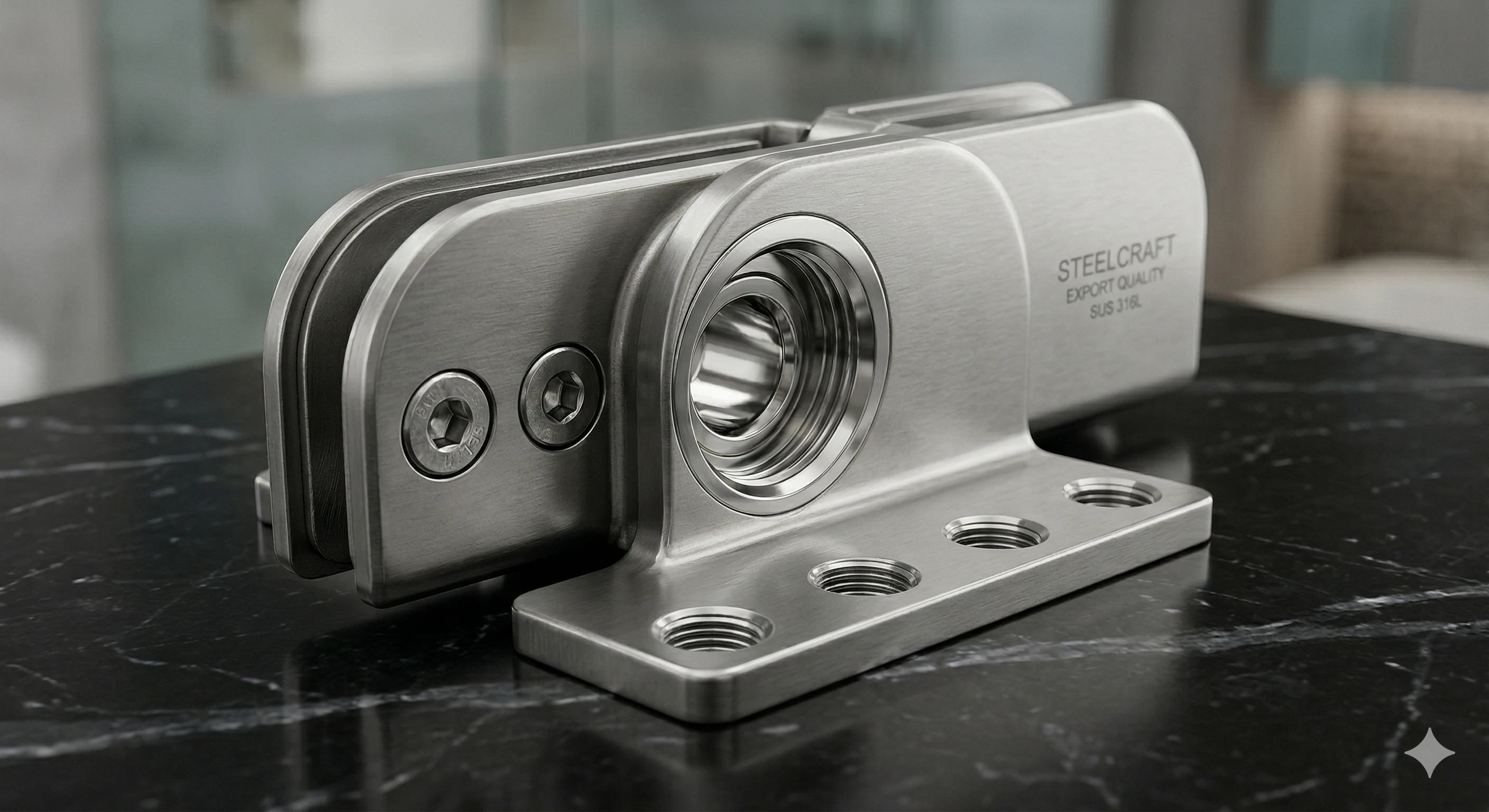 Polished stainless steel glass fitting on black surface.