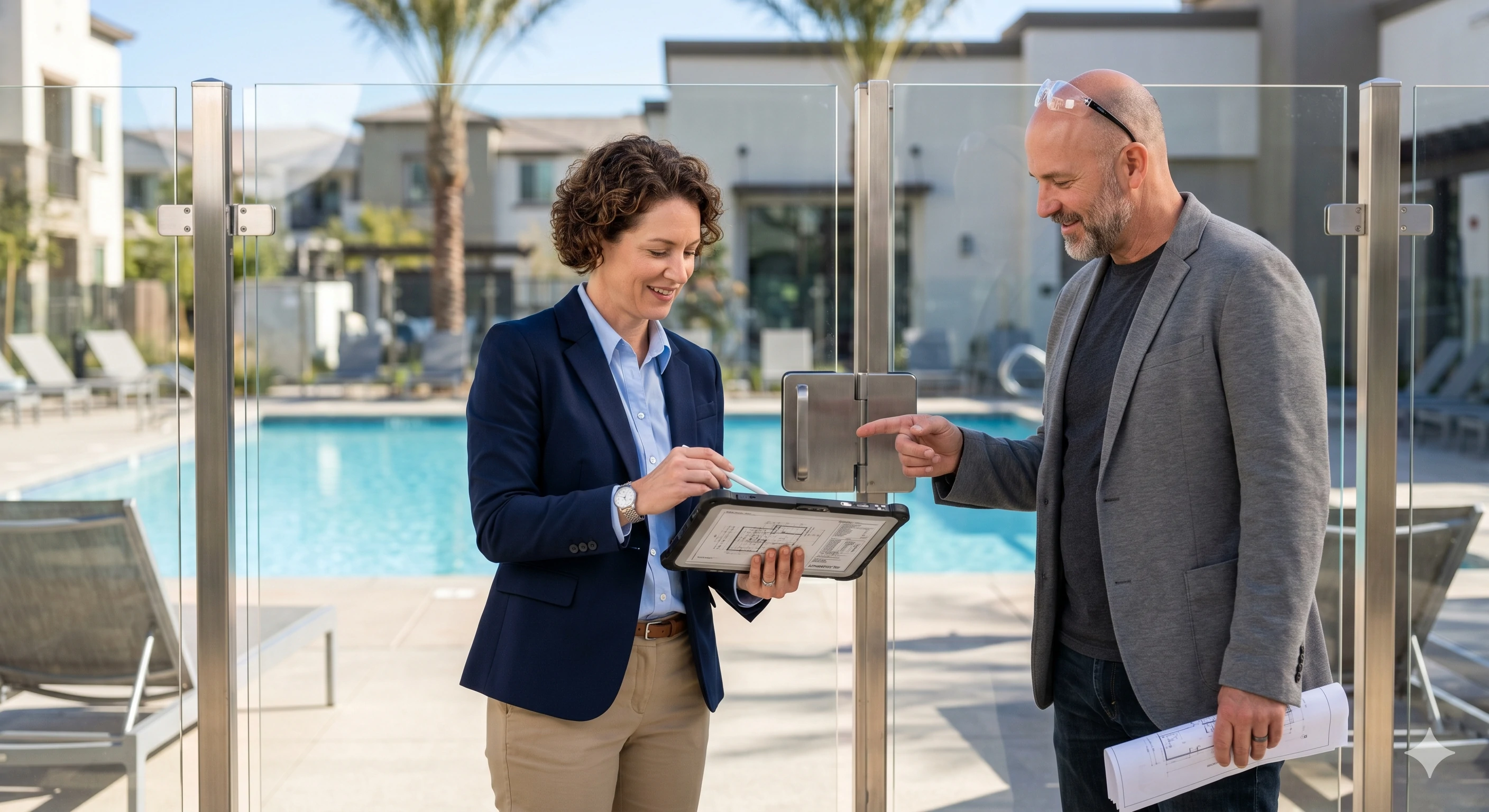 Professionals inspecting stainless steel glass pool gate hinge on site.