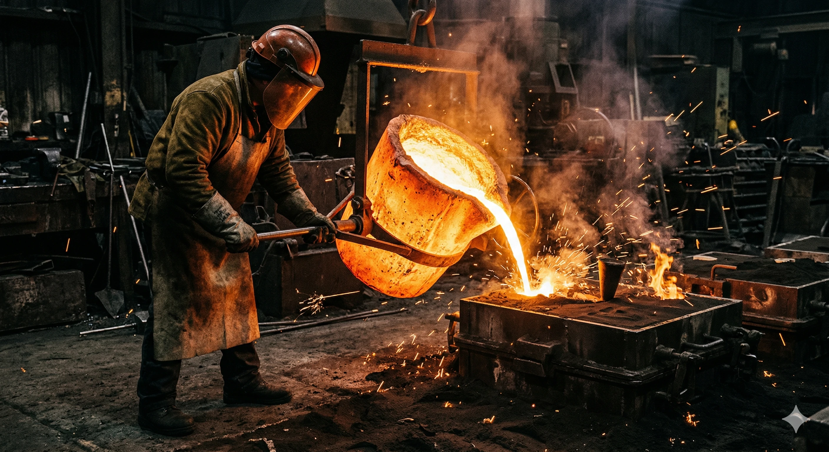 Foundry worker pouring glowing molten metal into a sand mold
