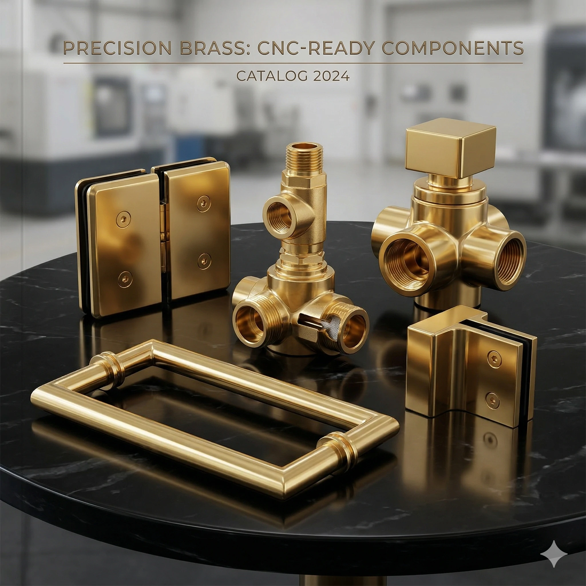 Precision CNC-ready brass components including valves and glass hinges on a table