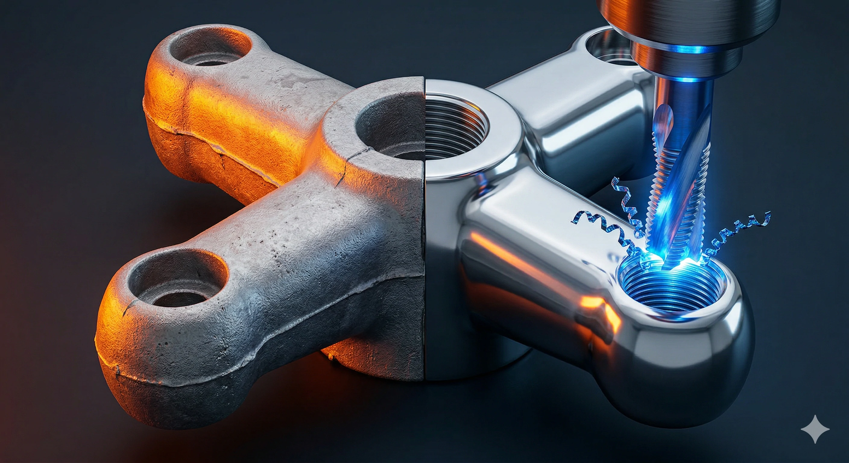 CNC drill bit threading a metal part showing raw and polished finish.