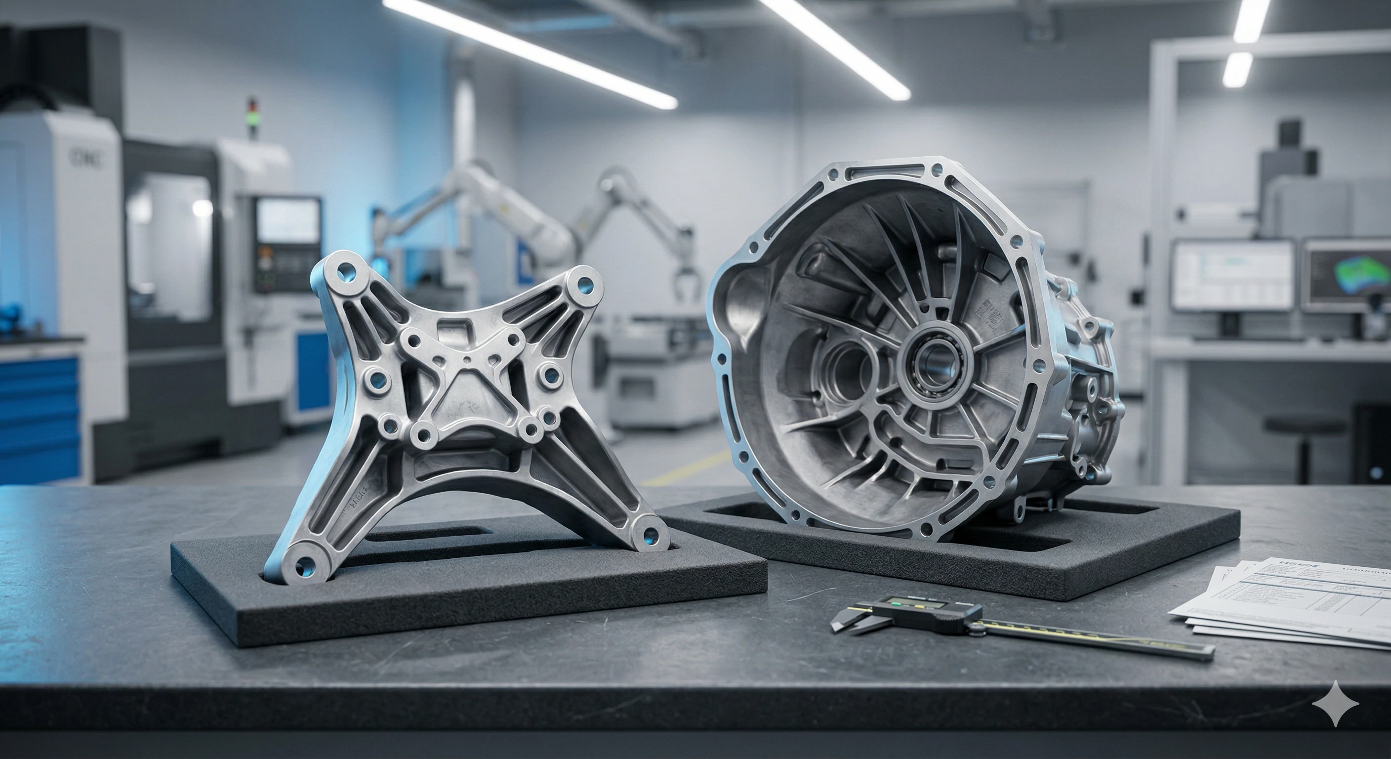 Pièces moulées de précision en métal, posées sur une paillasse de laboratoire