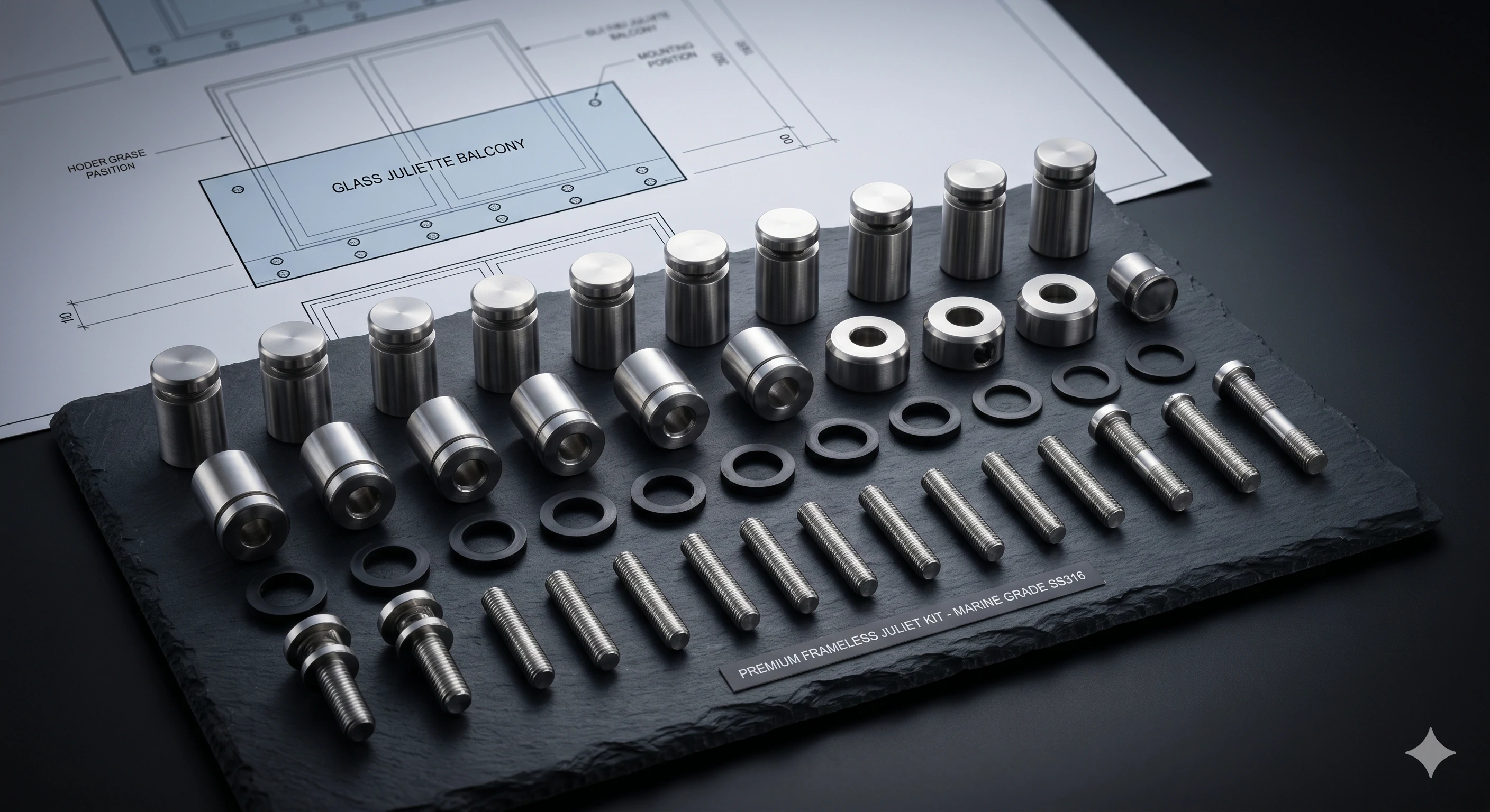 Premium frameless Juliet balcony hardware kit components on blueprint