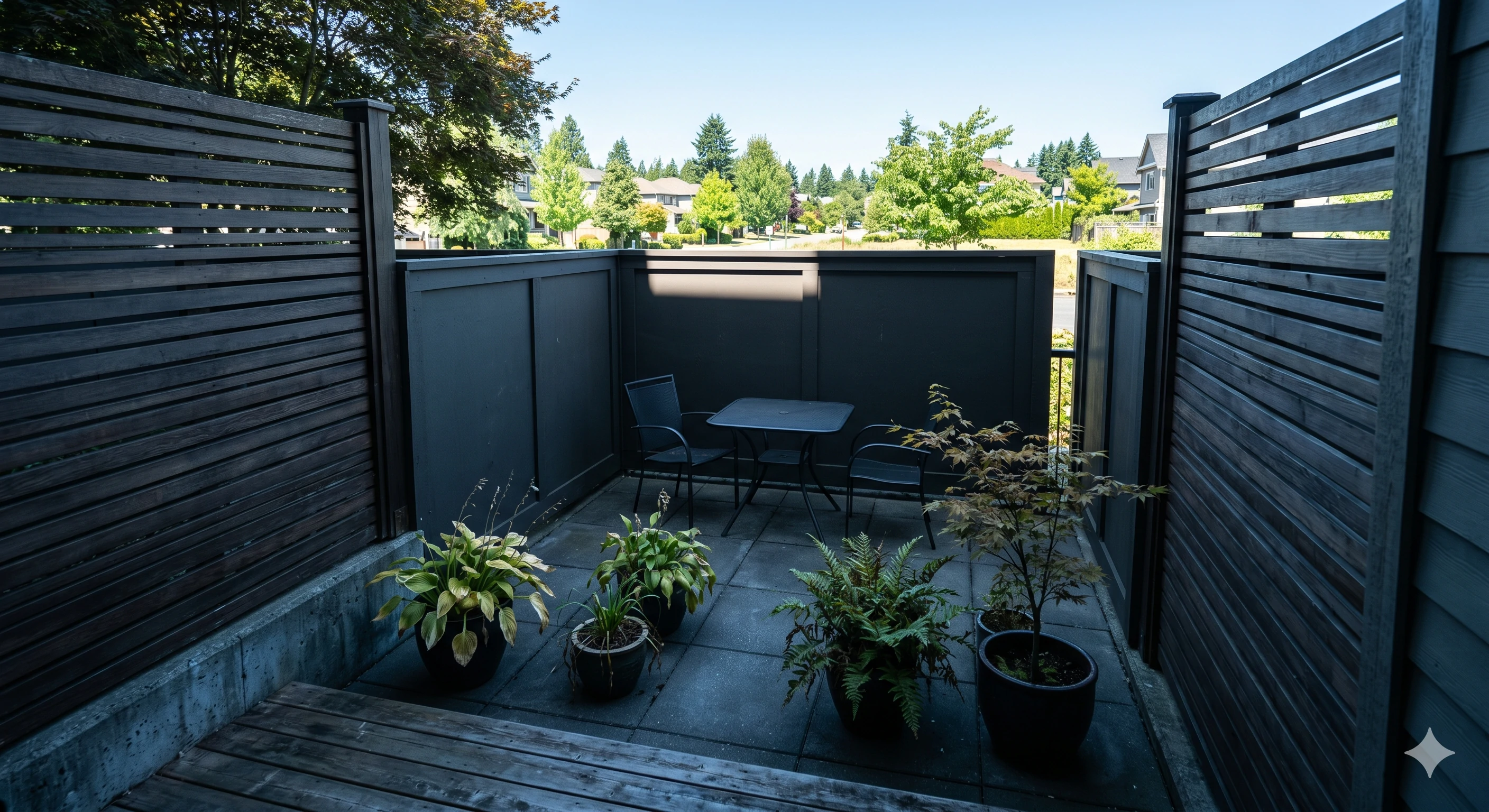 Small private patio enclosure with dark slatted privacy walls and potted plants