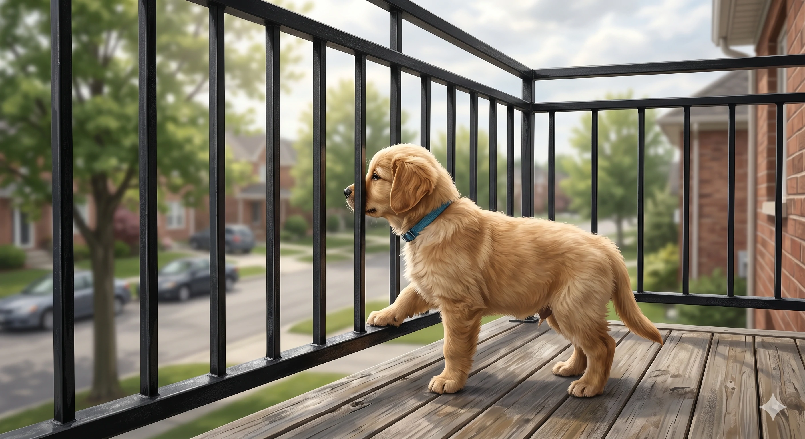 Golden retriever puppy looking through black metal balcony railings outdoors