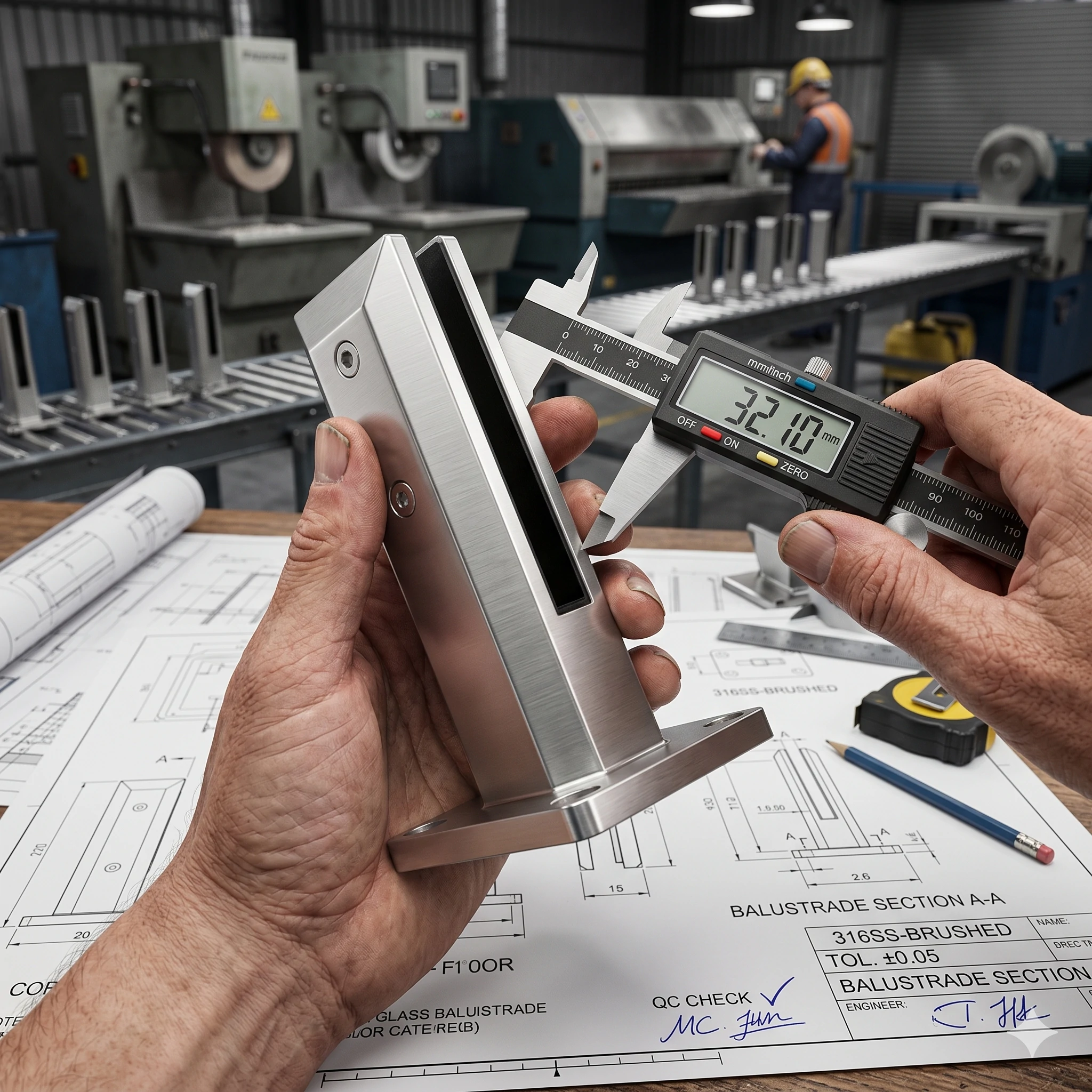 Engineer measuring stainless steel glass spigot with digital calipers over blueprints