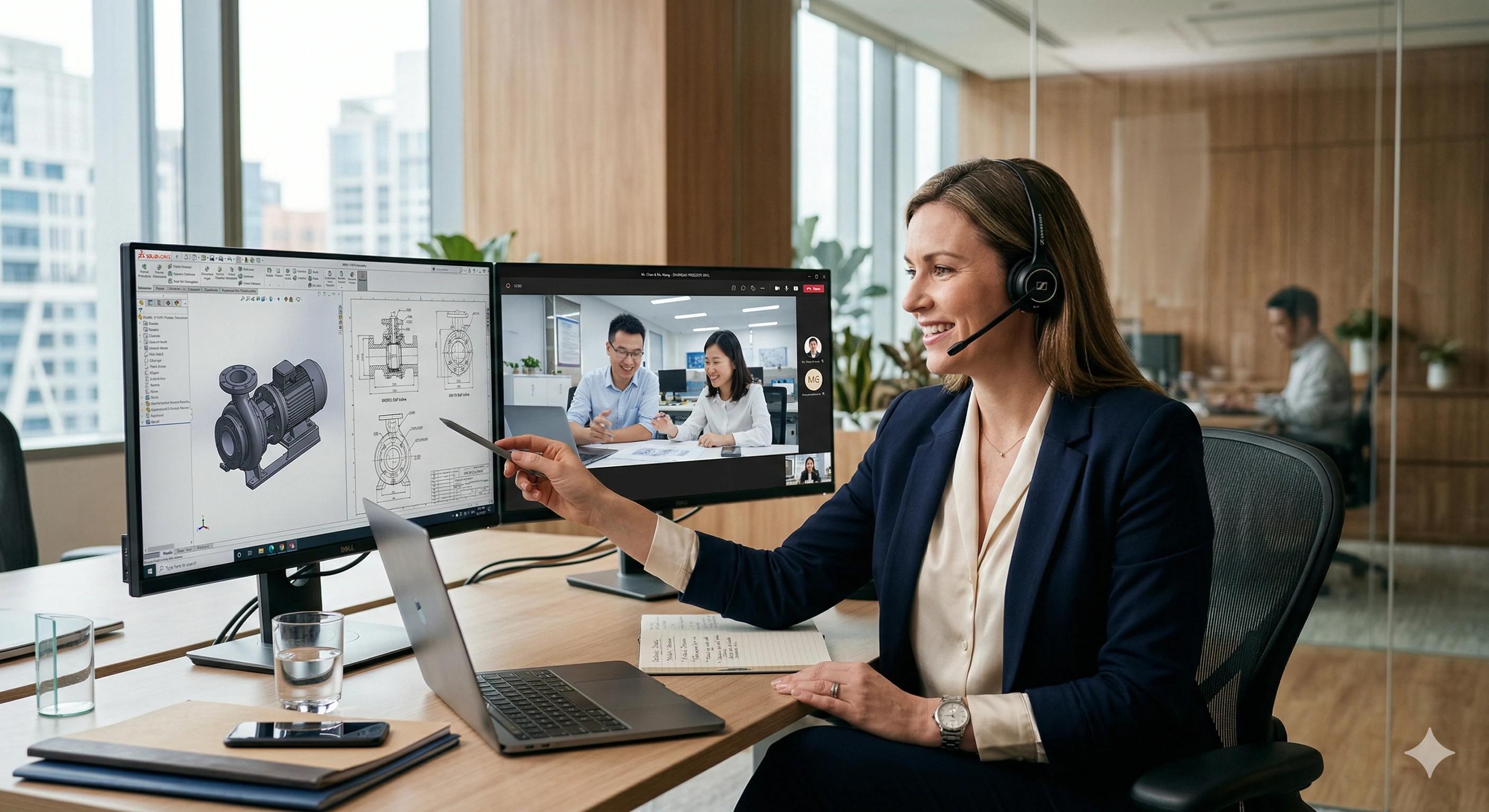 Female engineer discussing 3D pump model on a video call.