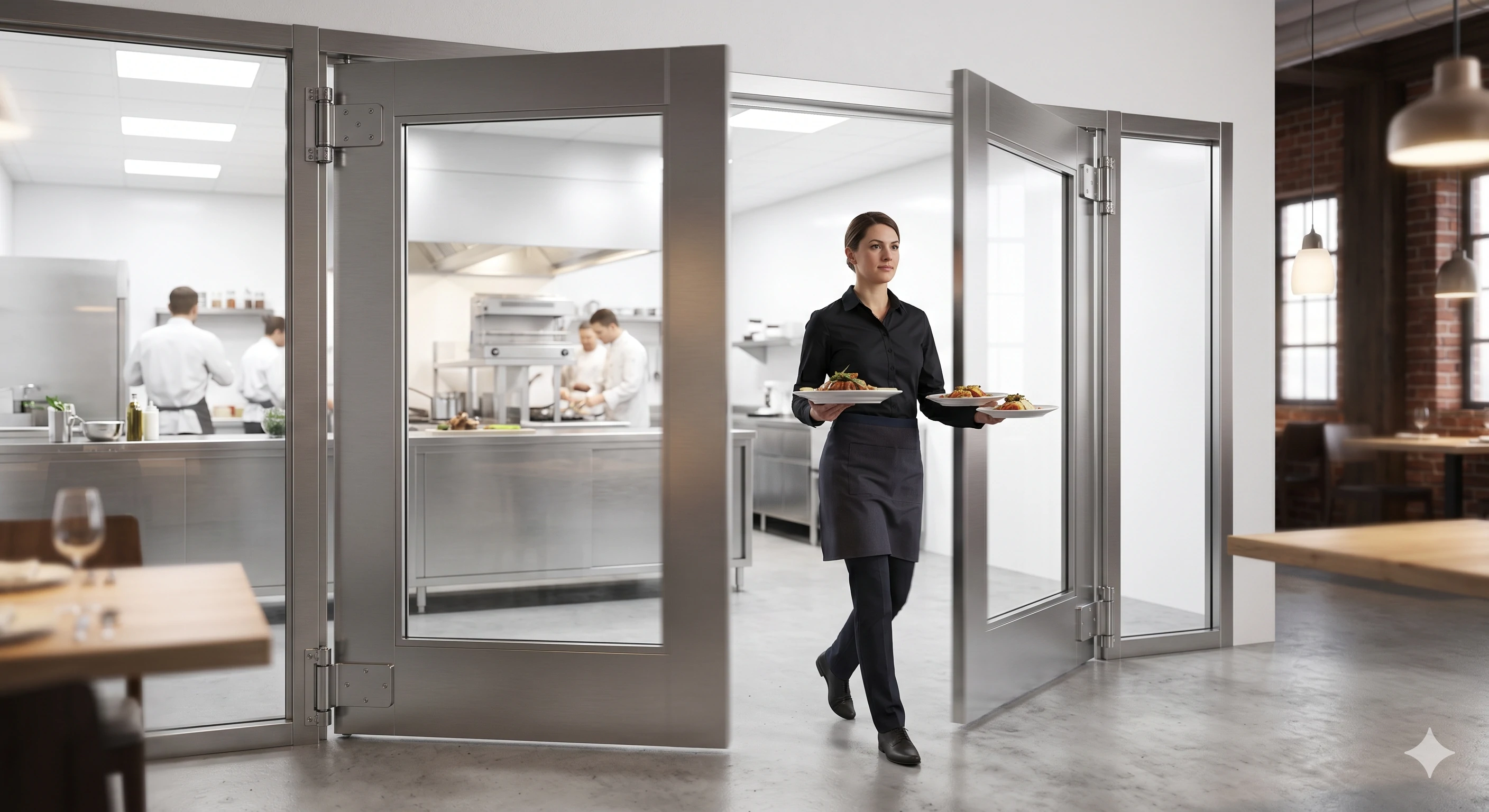 Waitress carrying food through stainless steel restaurant kitchen double doors.