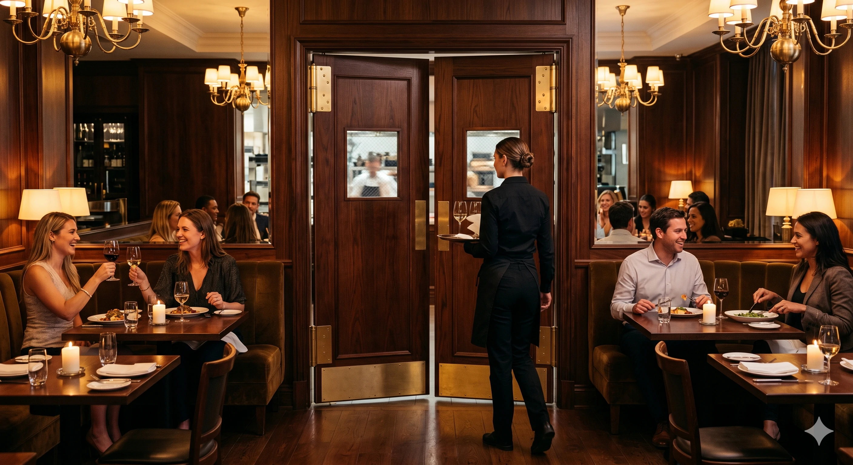 Waitress entering an upscale dining room through wooden double doors.
