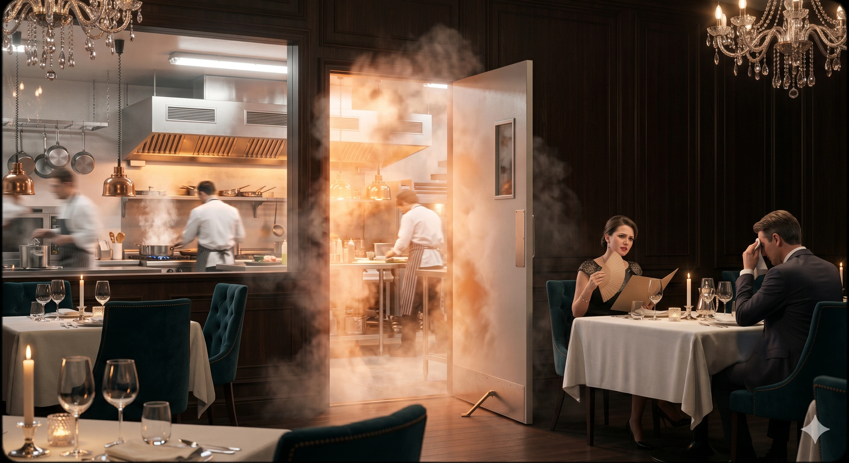 Smoke billowing from restaurant kitchen into an elegant dining room