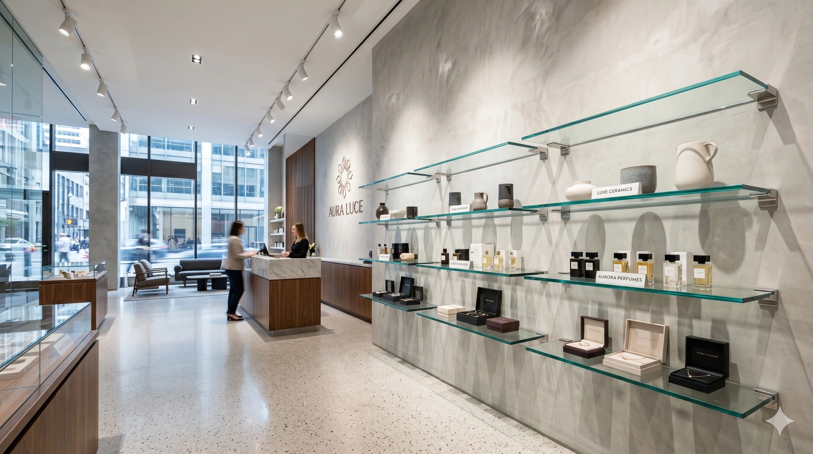 Retail store display using long glass floating shelves for products