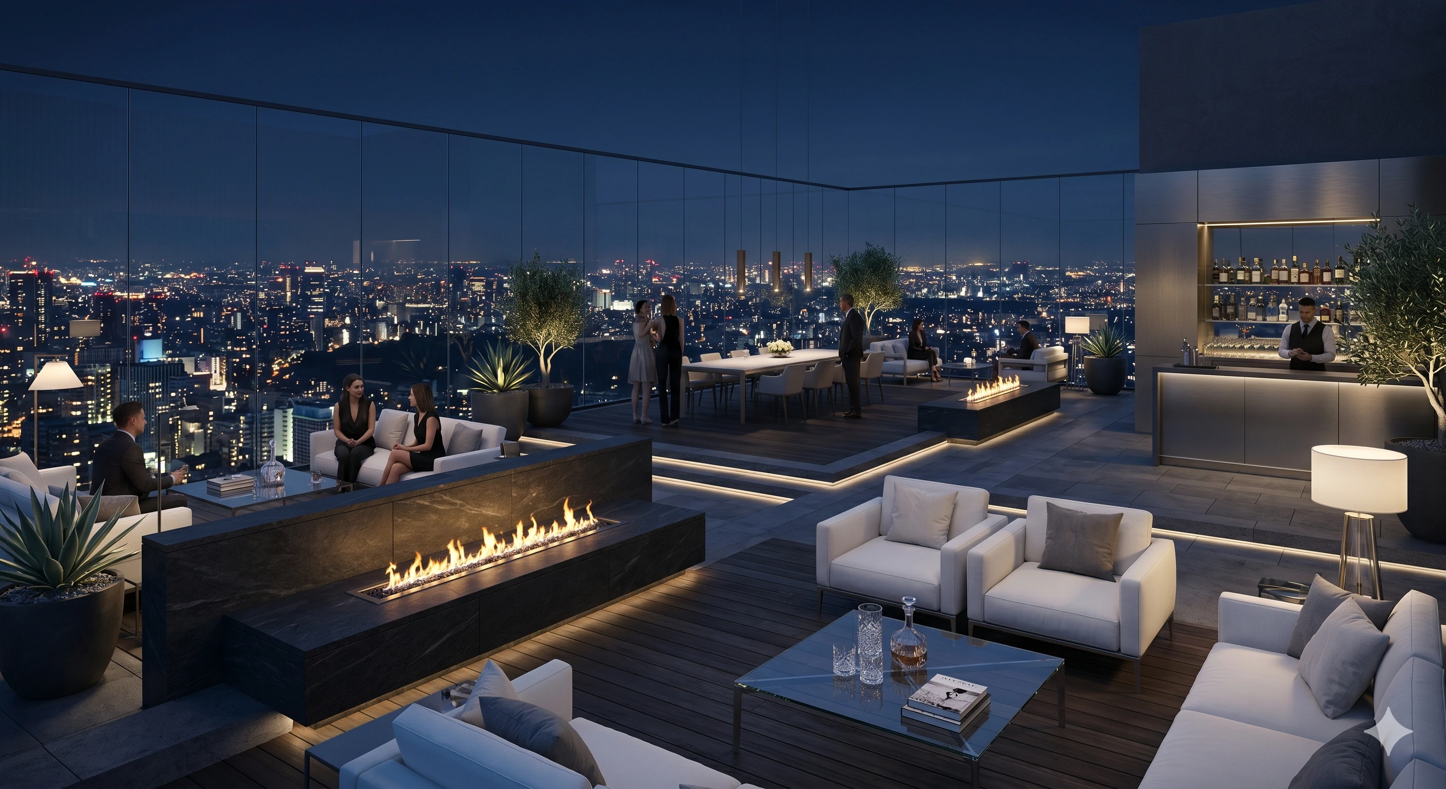 Luxury rooftop terrace at night with fire pit and frameless glass railing system