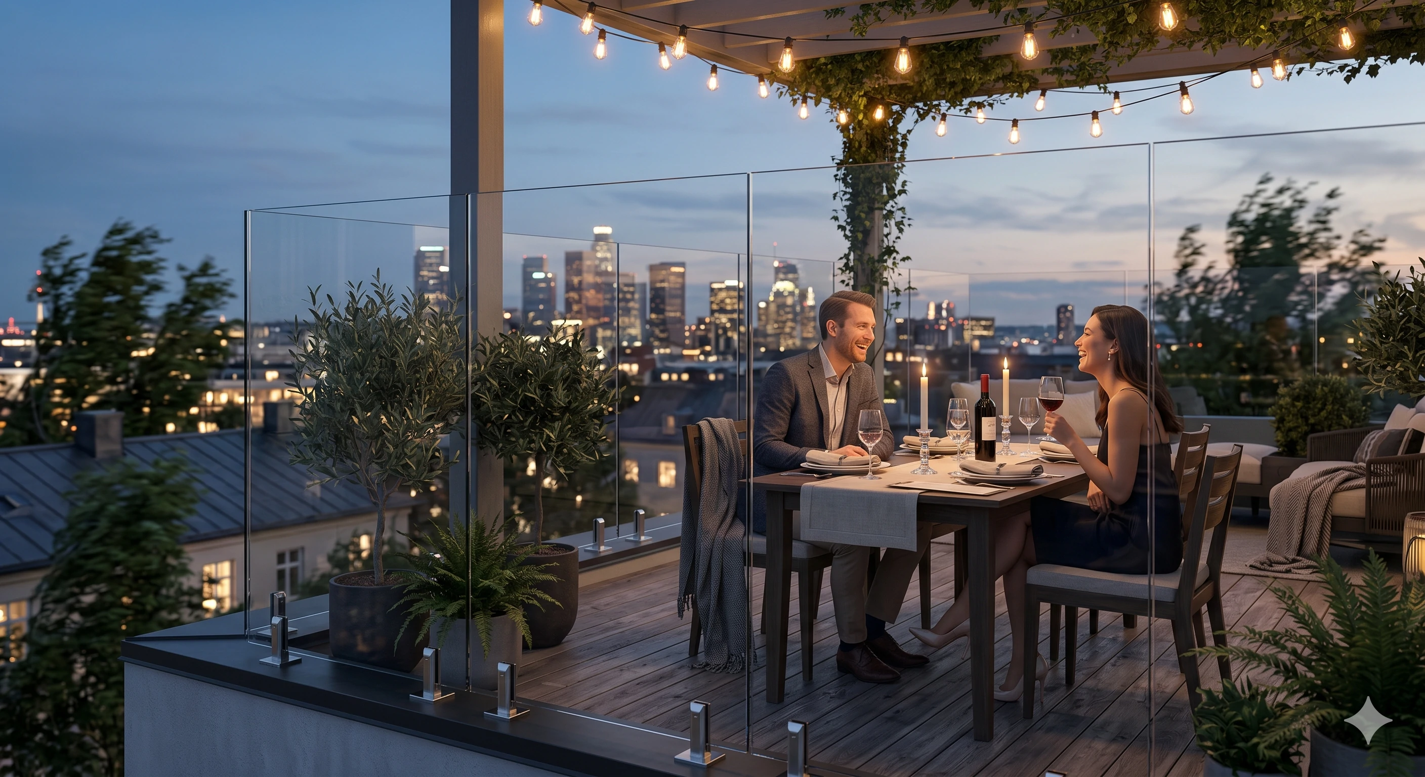 Happy couple dining outdoors on rooftop terrace with glass balustrade and string lights