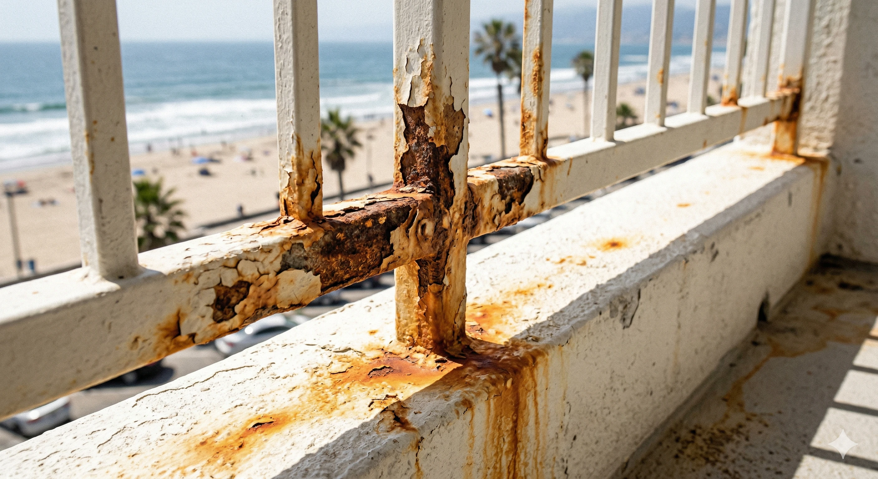 Severely rusted metal balcony railing overlooking a sandy beach
